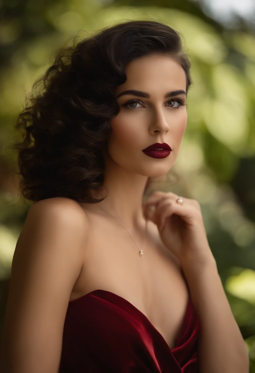 LNDSWGNR, (foco nítido: 1.5), (foco nítido:1.2), fotografia, mulher jovem atraente, (beautiful face:1.1), Olhos detalhados, lush lips, (color of bold red lips:0.85), (medium breasts:1.0), (corpo magro:1.2), Usando (Vestido peplum dos anos 1980:1.2) em um (botanic garden:1.2). (Moody Lighting:1.2), profundidade de campo, Bokeh, 4k, HDR. por (Tiago C. Christensen:1.2|Jeremy Lipking:1.1).