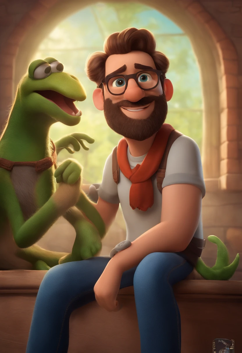 um homem, em breve, barba curta, olhos castanhos, com fones de ouvido, A music studio in the background, Imagem no estilo Pixar, Estilo de filme animado 3D, Disney, camiseta preta