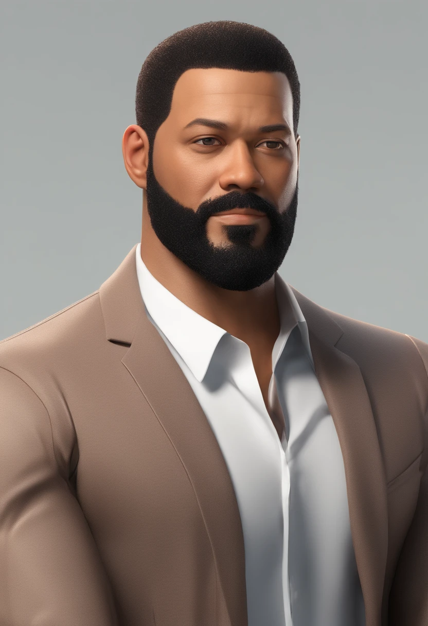 Illustration of a mulatto man with beard and very short black hair, mais ou menos um metro e noventa de altura. Parecido com ator laurence fishburne. Cabelos corte baixo, estiloso 3d