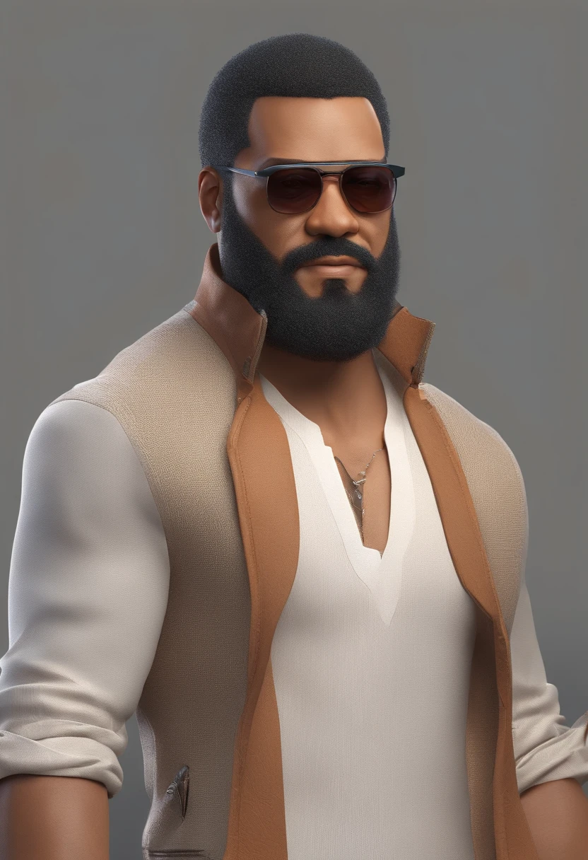 Illustration of a mulatto man with beard and very short black hair, mais ou menos um metro e noventa de altura. Parecido com ator laurence fishburne. Cabelos corte baixo, estiloso 3d