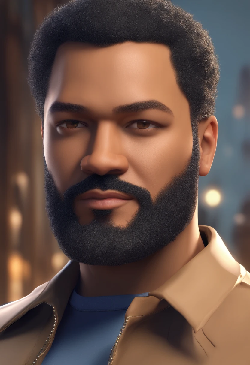 Illustration of a mulatto man with beard and very short black hair, mais ou menos um metro e noventa de altura. Parecido com ator laurence fishburne. Cabelos corte baixo, estiloso 3d