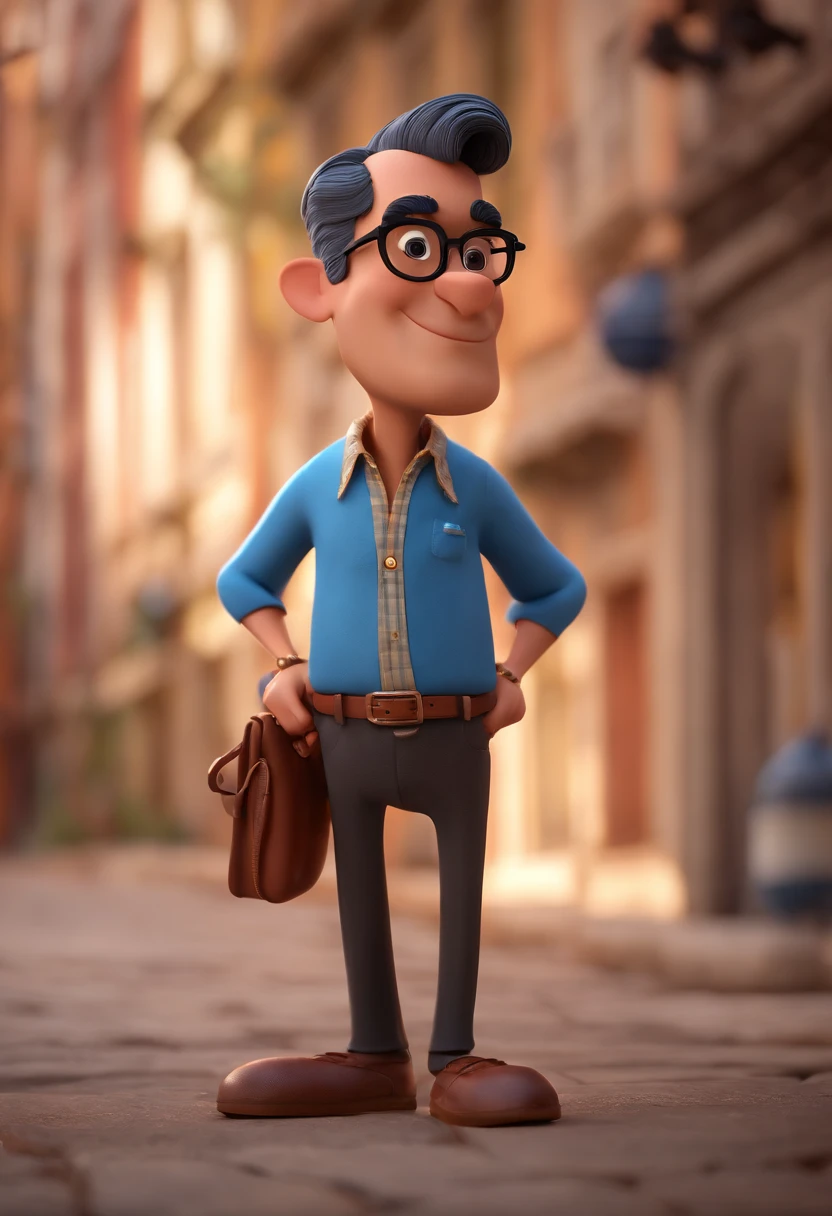 Cartoon character of a man with black glasses and a blue shirt, animation character, Caractere estilizado, animation style rendering, 3D estilizado, Arnold Maya render, 3 d render stylized, toon render keyshot, Personagem 3D, Personagem 3D, 3d rendering stylized, 3 d character render, personagem de desenho animado, Personagem de close up, Pose de personagem, (Estilo Pixar) (master part:1.2) (Bokeh) (best quality) (pele detalhada) (textura detalhada) (8k) (argila) (Cinematic lighting) (foco nítido