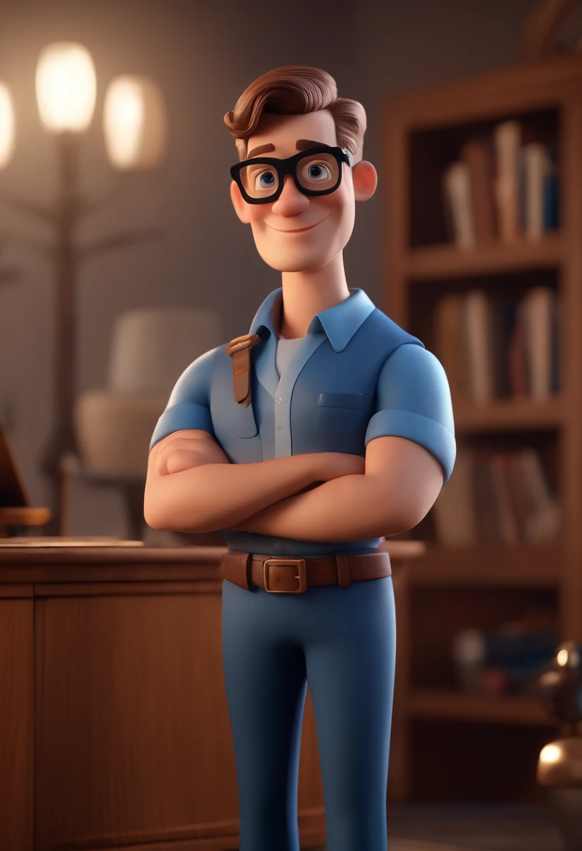 Cartoon character of a man with black glasses and a blue shirt, animation character, Caractere estilizado, animation style rendering, 3D estilizado, Arnold Maya render, 3 d render stylized, toon render keyshot, Personagem 3D, Personagem 3D, 3d rendering stylized, 3 d character render, personagem de desenho animado, Personagem de close up, Pose de personagem,  (Estilo Pixar) (master part:1.2) (Bokeh) (best quality) (pele detalhada) (textura detalhada) (8k) (argila) (Cinematic lighting) (foco nítido