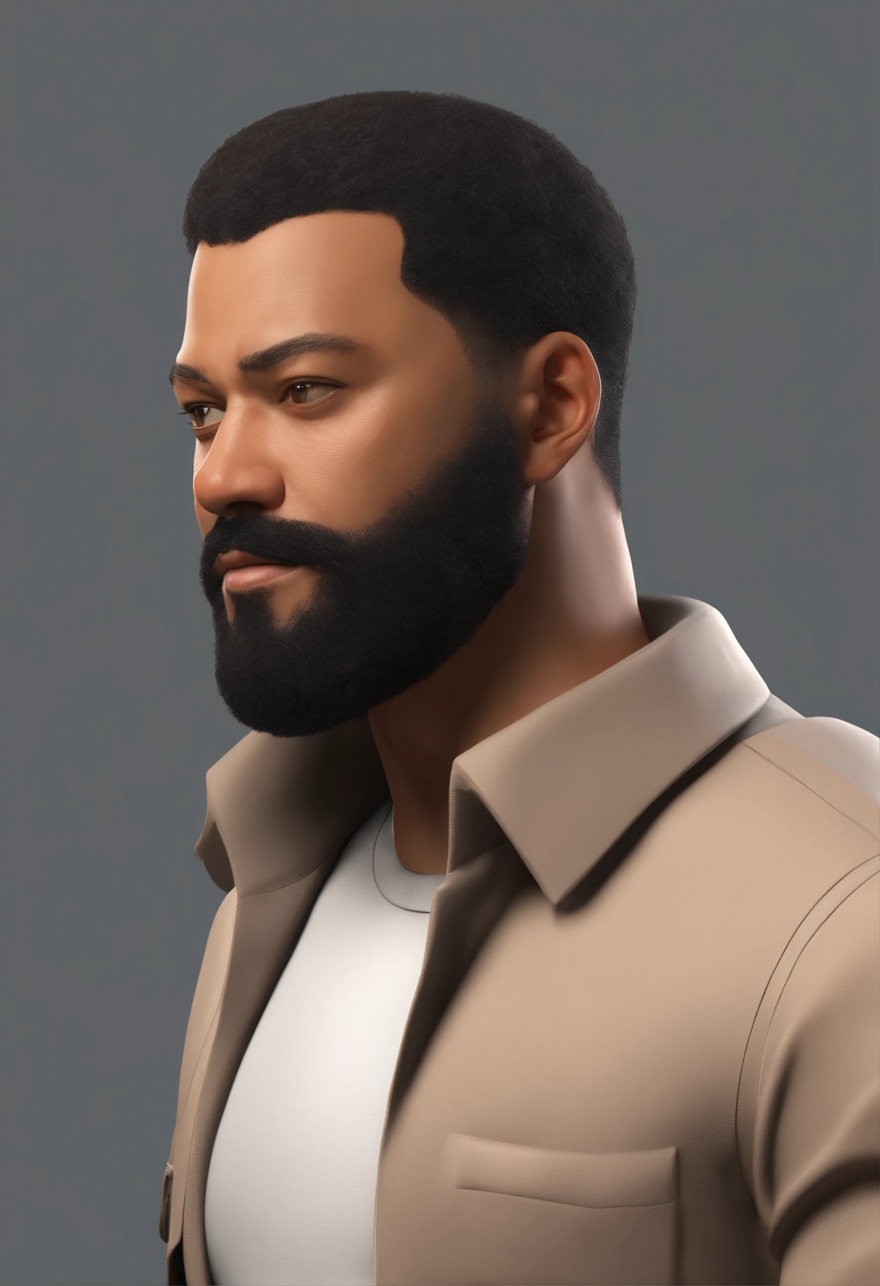 Illustration of a mulatto man with beard and very short black hair, mais ou menos um metro e noventa de altura. Parecido com ator laurence fishburne.