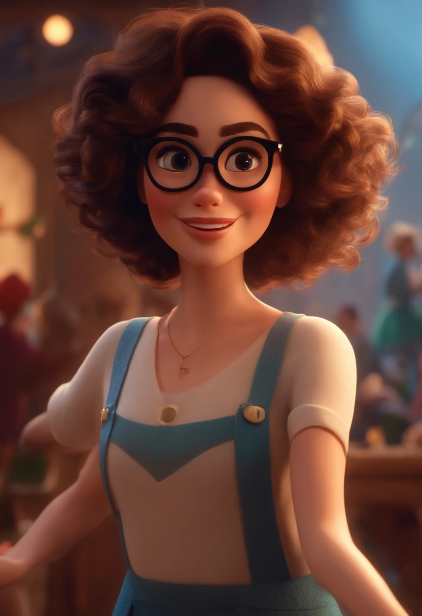Pixar style image with 3D character white glasses brunette woman short curly hair dancing, Maquiagem Disney,Pescador, bonitinho, sorridente ,Close-up, Pixar, Disney, Cinema lighting,