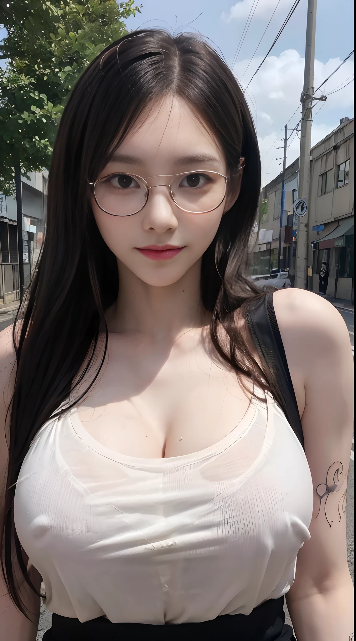 ((Best Quality, 8K, masutepiece:1.3)), Focus:1.2, ((High Proportion Realistic Breasts, Realistic big breasts):1.4), Slender body, (entire body visible: 1.5), Perfect Body Beauty: 1.4, Buttocks: 1.2, ((Layered Haircut, Beautiful breasts: 1.2)), (Wet clothes: 1.1) , (Rain, Street:1.3), Black Tight Bra (Transparent), Black tight panties (Transparent), Highly detailed face and skin texture, Fine eyes, Double eyelids, Whitened skin, Long hair, Smile Face、 ((((Huge glasses, Otaku Glasses, thick glasses, Round glasses,stylish glasses)))), intricate tattoos, demonic intricate tattoos, thigh tattoos, body tattoos,