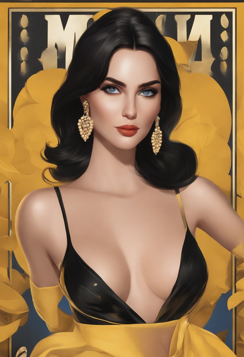 Woman medium sizebody, skin Brown, SMALL straight black hair, bodysuit yellow writen "Marcia " on it and jeans ,and , blue and blue tones hearts, diamonds, pearls, illustration, 3d render, photo, realistic, black eyes, anime, photo, fashion, typography, illustration