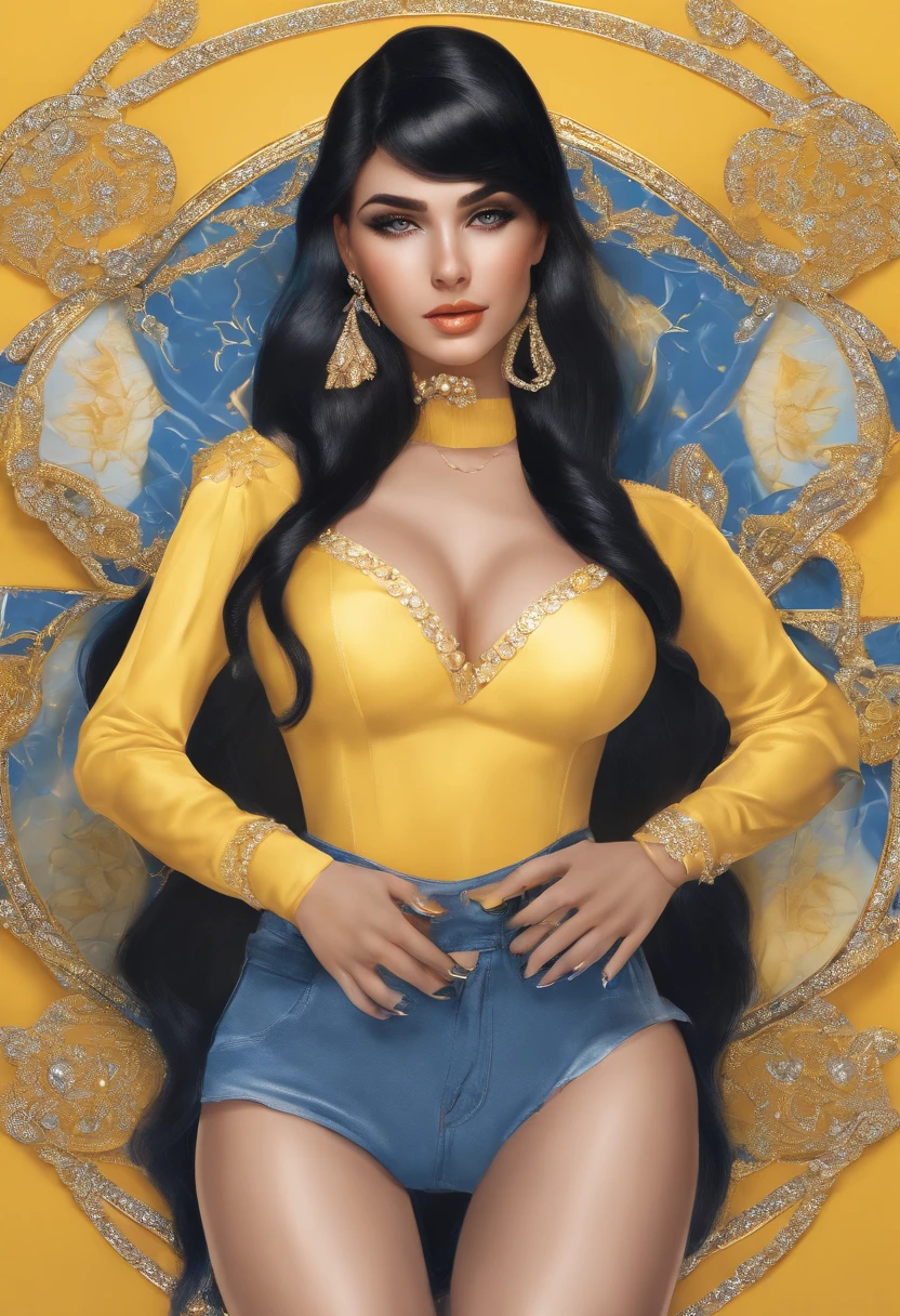 Woman medium sizebody, skin Brown, SMALL straight black hair, bodysuit yellow writen "Marcia " on it and jeans ,and , blue and blue tones hearts, diamonds, pearls, illustration, 3d render, photo, realistic, black eyes, anime, photo, fashion, typography, illustration