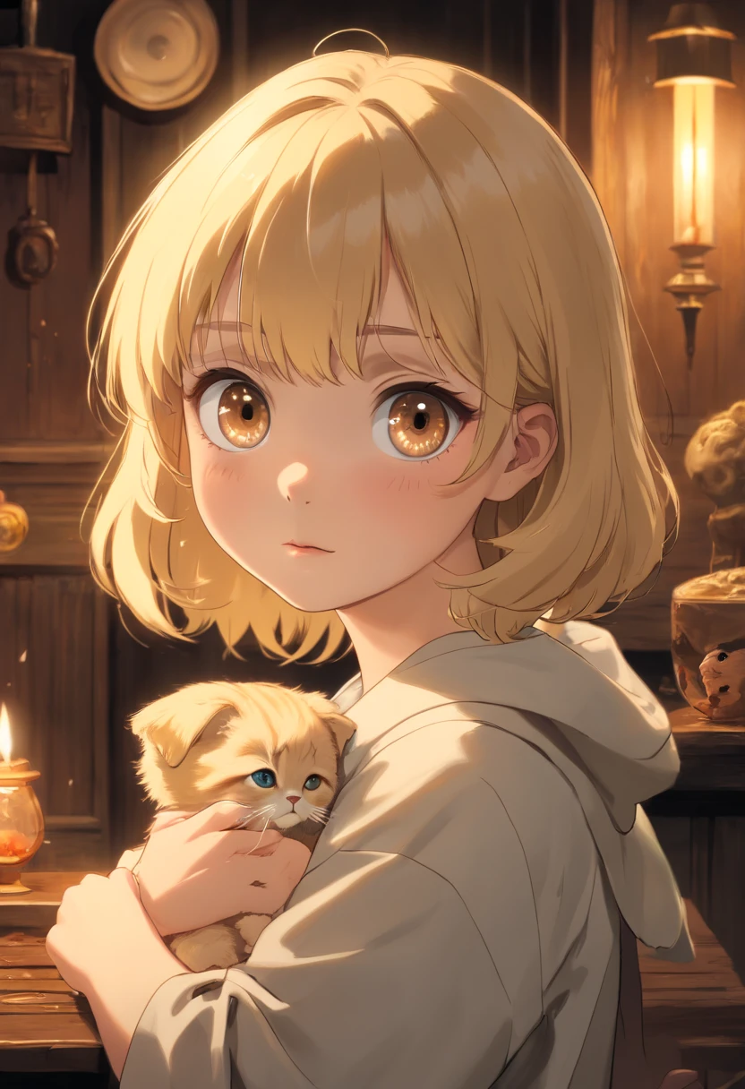 (little blondie girl,Scottishfold),(Horror),(Nightmare),(bestquality,4k,8k,highres,masterpiece:1.2),(ultra-detailed),(realistic,photorealistic,photo-realistic:1.37),portraits,landscape,gothicstyle,darkcolors,dimlighting