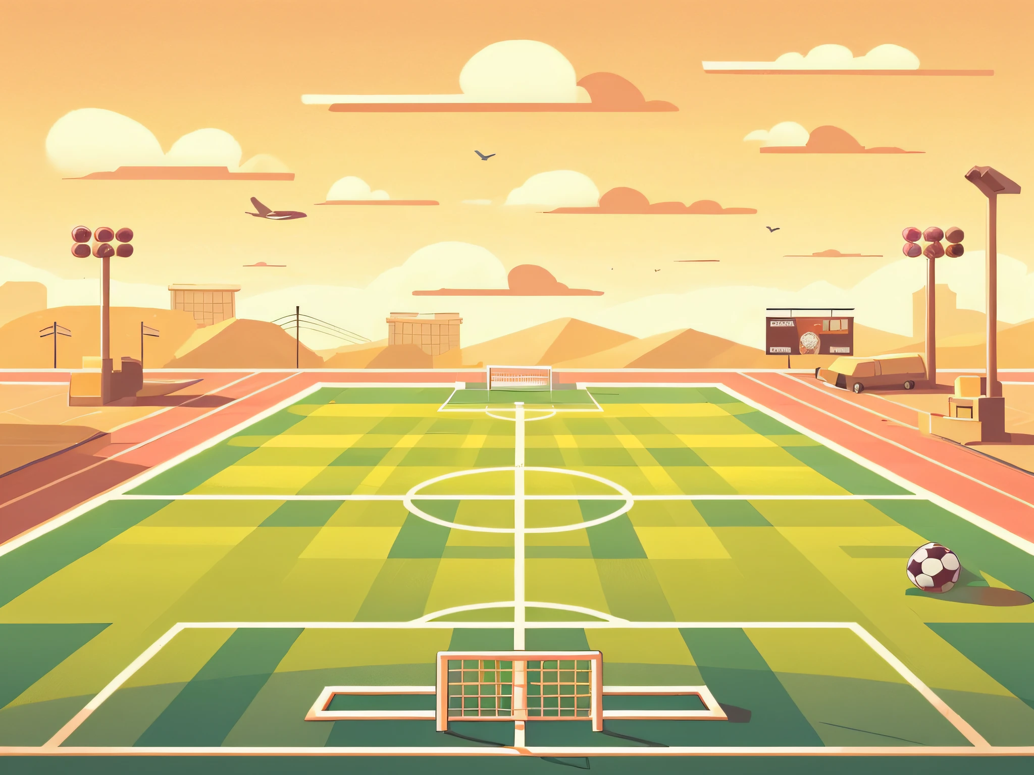 Illustration of a soccer field with a soccer ball and a soccer goal, stadium landscape, football stadium, Jen Bartel, flat illustration, shaded flat illustration, dribbble illustration, inspirado em Emiliano Ponzi, Directed by: Trevor Brown, simple and clean illustration, em um campo de futebol, detailed 2d illustration, No estilo de Kyrill Kotashev, Directed by: Emiliano Ponzi
