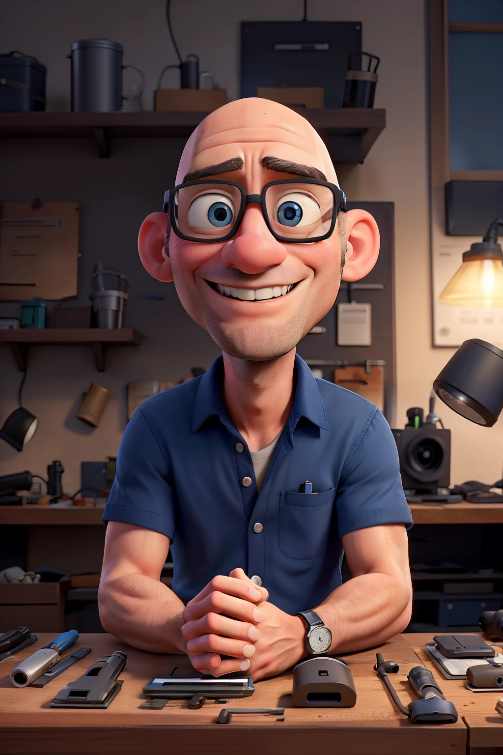 Bald man sitting repairing a smartphone on his workbench using a microscope and soldering iron wearing a dark blue shirt written on RMS INFOCELL shirt pocket