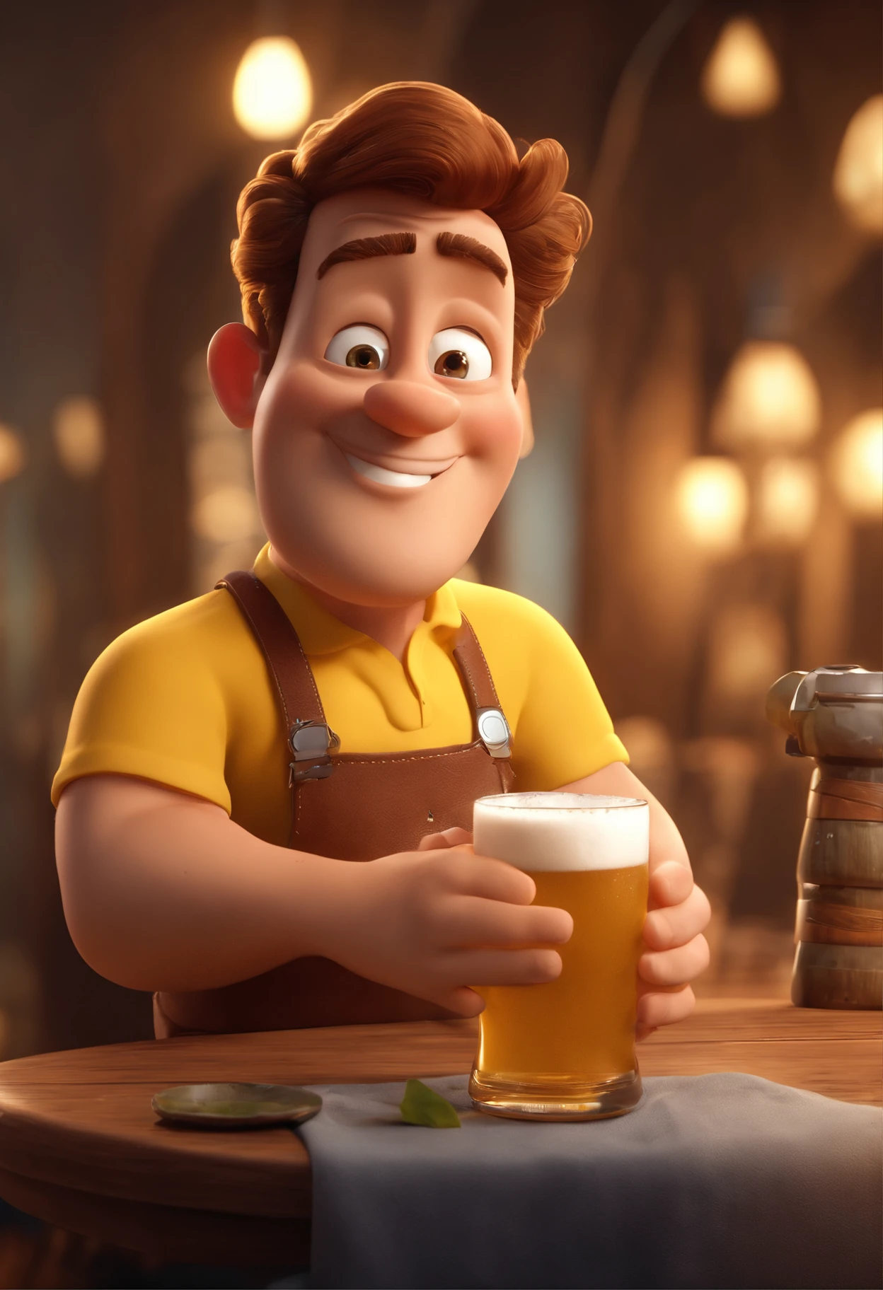 personagem dos desenhos animados de um homem careca com barba curta e uma camisa amarela tomando cerveja, animation character, Caractere estilizado, animation style rendering, 3D estilizado, Arnold Maya render, 3 d render stylized, toon render keyshot, Personagem 3D, Personagem 3D, 3d rendering stylized, 3 d character render, personagem de desenho animado, Personagem de close up, Pose de personagem, (Estilo Pixar) (master part:1.2) (Bokeh) (best quality) (pele detalhada) (textura detalhada) (8k) (argila) (Cinematic lighting) (foco nítido