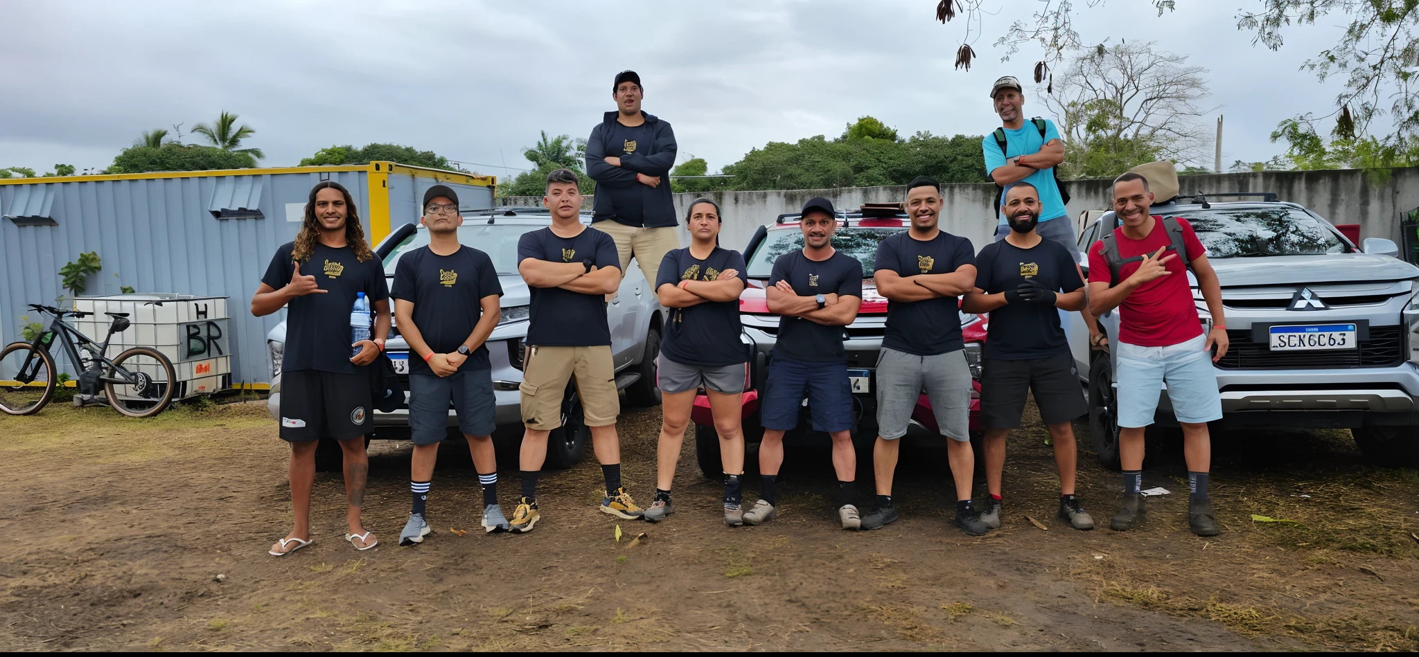 Equipe preparando para entrar na guerra, com camionetes e coca cola
