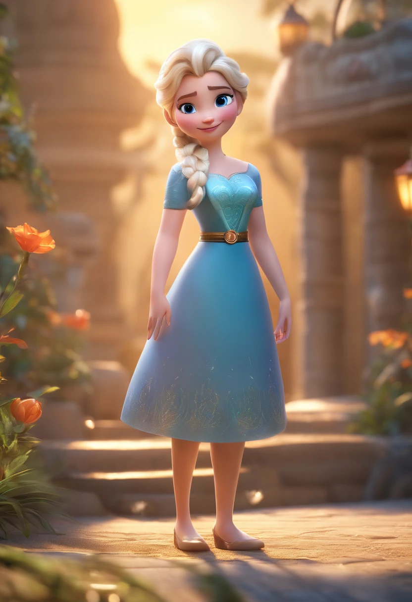 A masterpiece of photorealistic ultra-detailed CG render in the highest resolution 8k wallpaper, depicting Elsa in Chibi style. She stands alone, with a smiling face, looking directly at the viewer. The scene takes place outdoors and shows her full body.