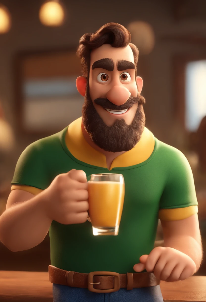 personagem dos desenhos animados de um homem careca com barba curta e uma camisa amarela tomando cerveja, animation character, Caractere estilizado, animation style rendering, 3D estilizado, Arnold Maya render, 3 d render stylized, toon render keyshot, Personagem 3D, Personagem 3D, 3d rendering stylized, 3 d character render, personagem de desenho animado, Personagem de close up, Pose de personagem,  (Estilo Pixar) (master part:1.2) (Bokeh) (best quality) (pele detalhada) (textura detalhada) (8k) (argila) (Cinematic lighting) (foco nítido