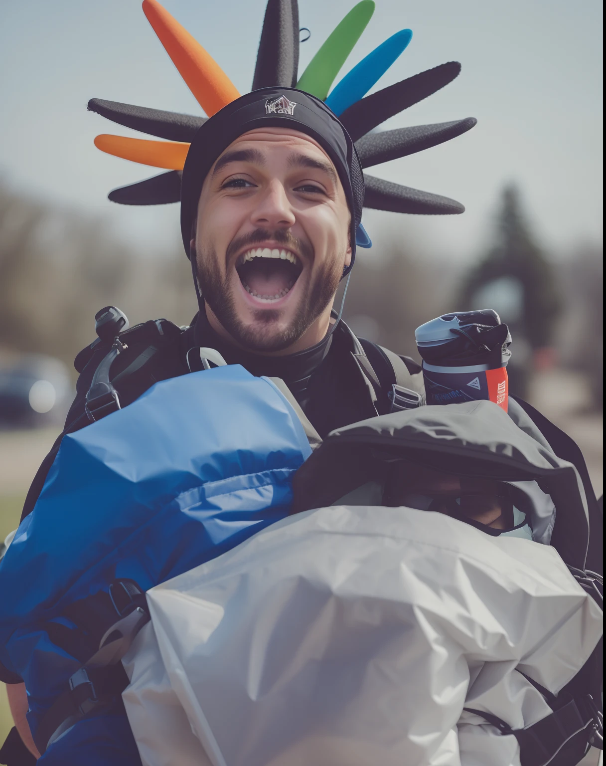 there is a man with a hat on his head holding a bag, wearing jetpack, reddit post, very excited, jetpack, excitement, excited, jetpacks, insane smile, parachutes, profile picture 1024px, lucas graziano, we go, jody highroller, enjoying the wind, badass, 4k post, 4 k post
