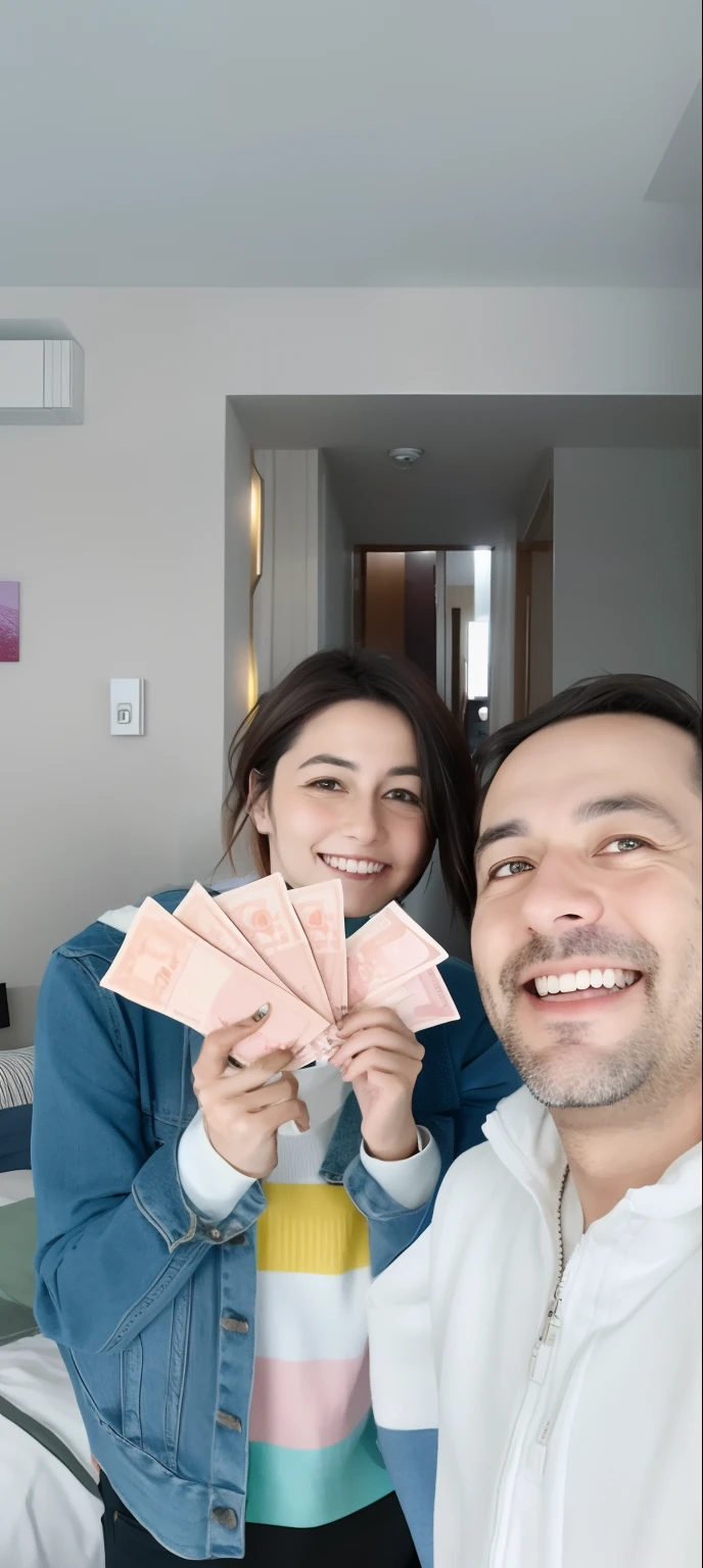 Smiling couple holding money in hands in a hotel room, Directed by: Nandor Soldier, grandioso!, Postagem 4k, 4 k post, Directed by: Emma Andijewska, Fotografia Realisitc, Feliz!!!, banknote, Directed by: David Rubi, imagem muito coerente, Directed by: Matias Jama, per un pugno di dollari