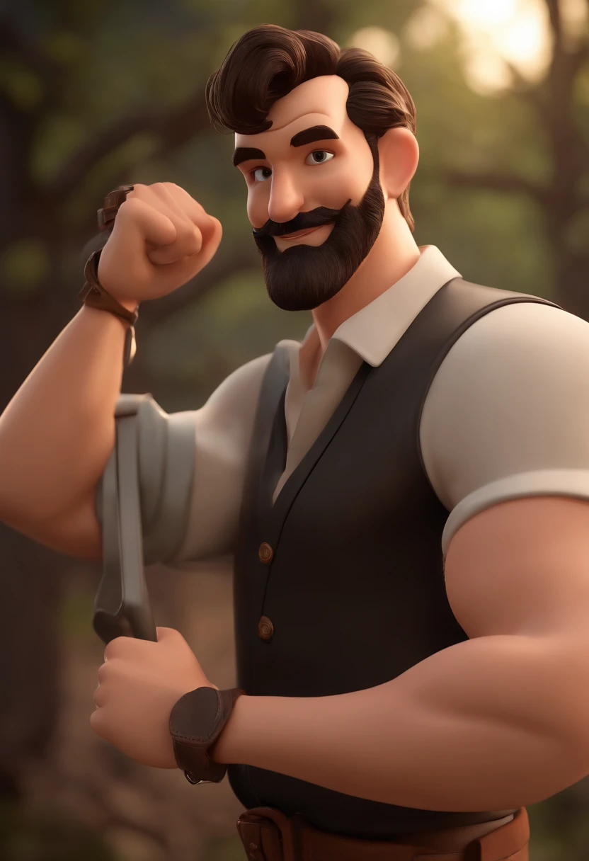 Personagem de desenho animado de um homem com uma camisa polo preta, cabelo liso, With beard and old school tattoo on his arm, SORRIDENTE E BONITO, animation character, Caractere estilizado, animation style rendering, 3D estilizado, Arnold Maya render, 3 d render stylized, toon render keyshot, Personagem 3D, Personagem 3D, 3d rendering stylized, 3 d character render, personagem de desenho animado, Personagem de close up, Pose de personagem,  (Estilo Pixar) (master part:1.2) (Bokeh) (best quality) (pele detalhada) (textura detalhada) (8k) (argila) (Cinematic lighting) (foco nítido