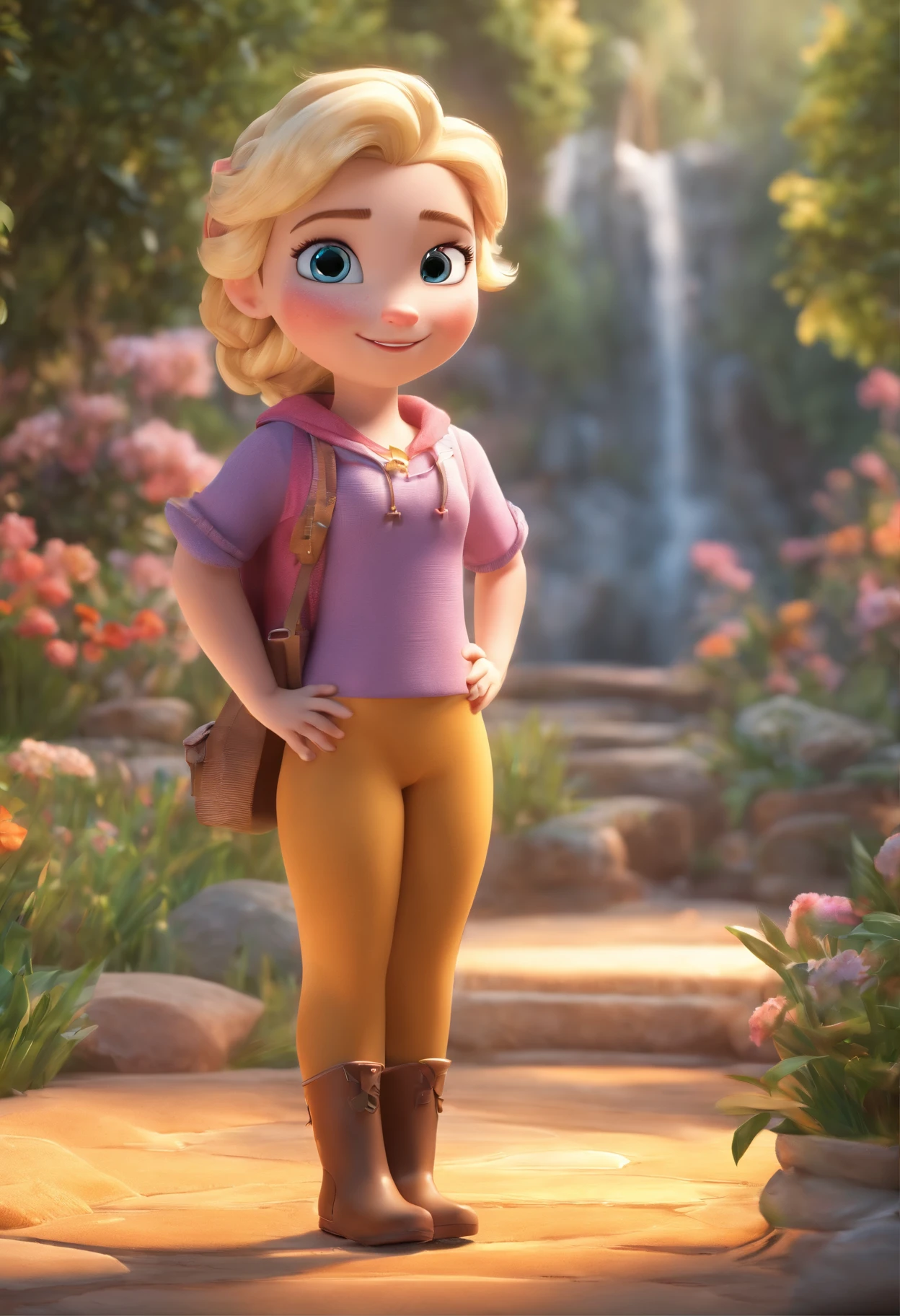A masterpiece of photorealistic ultra-detailed CG render in the highest resolution 8k wallpaper, depicting Elsa in Chibi style. She stands alone, with a smiling face, looking directly at the viewer. The scene takes place outdoors and shows her full body.