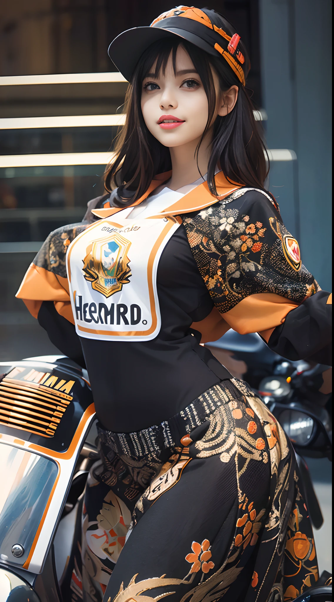 Top quality, realistic, award-winning illustrations, (intricate details: 1.2), (fine details), (intricate details), (cinematic lights, highest quality), sharp lines, sharp focus, official art, 16k, smiling woman, Brazilian, wearing hat, orange and black hat, posing for photos, (( Motorcycle Vespa model 1970)), white background, playful young boss, woman with amazing body, wearing a black and orange apron uniform, with medium black hair, a roll of fabric, next to a black hornet motorcycle, accentuated feminine features flirting with the camera