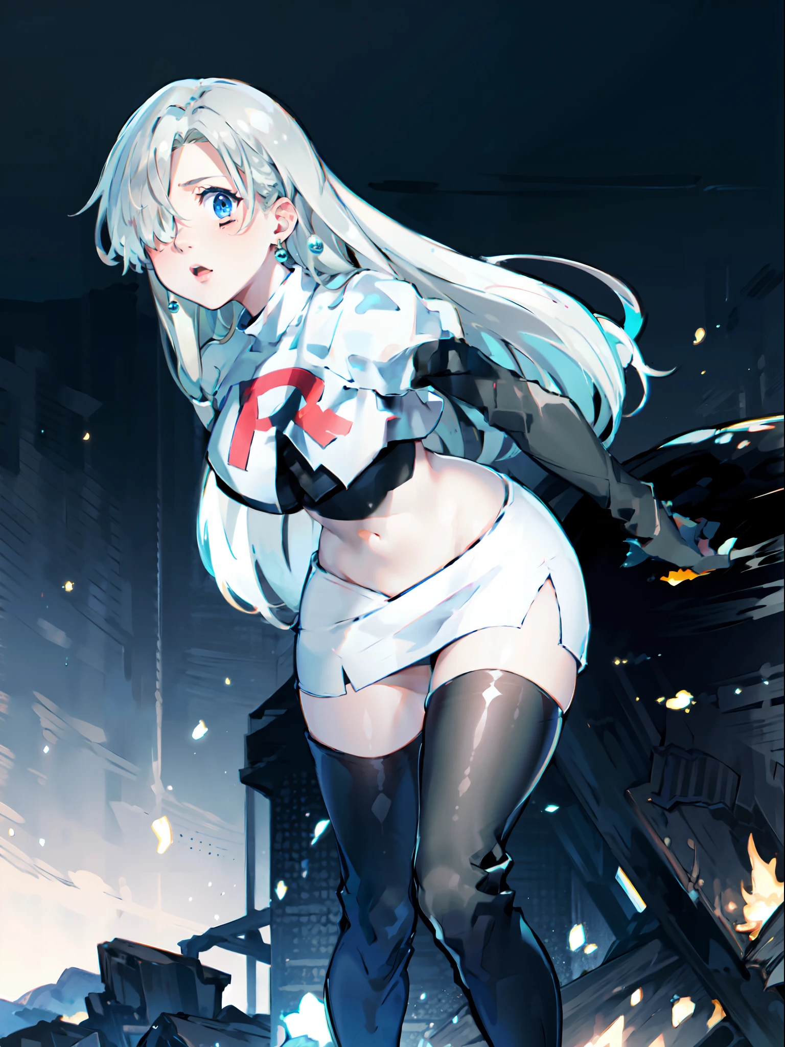 highres, hmeliza, 1girl, hair over one eye, jewelry,team rocket,team rocket uniform,white skirt,crop top,black thigh-highs,black elbow gloves,