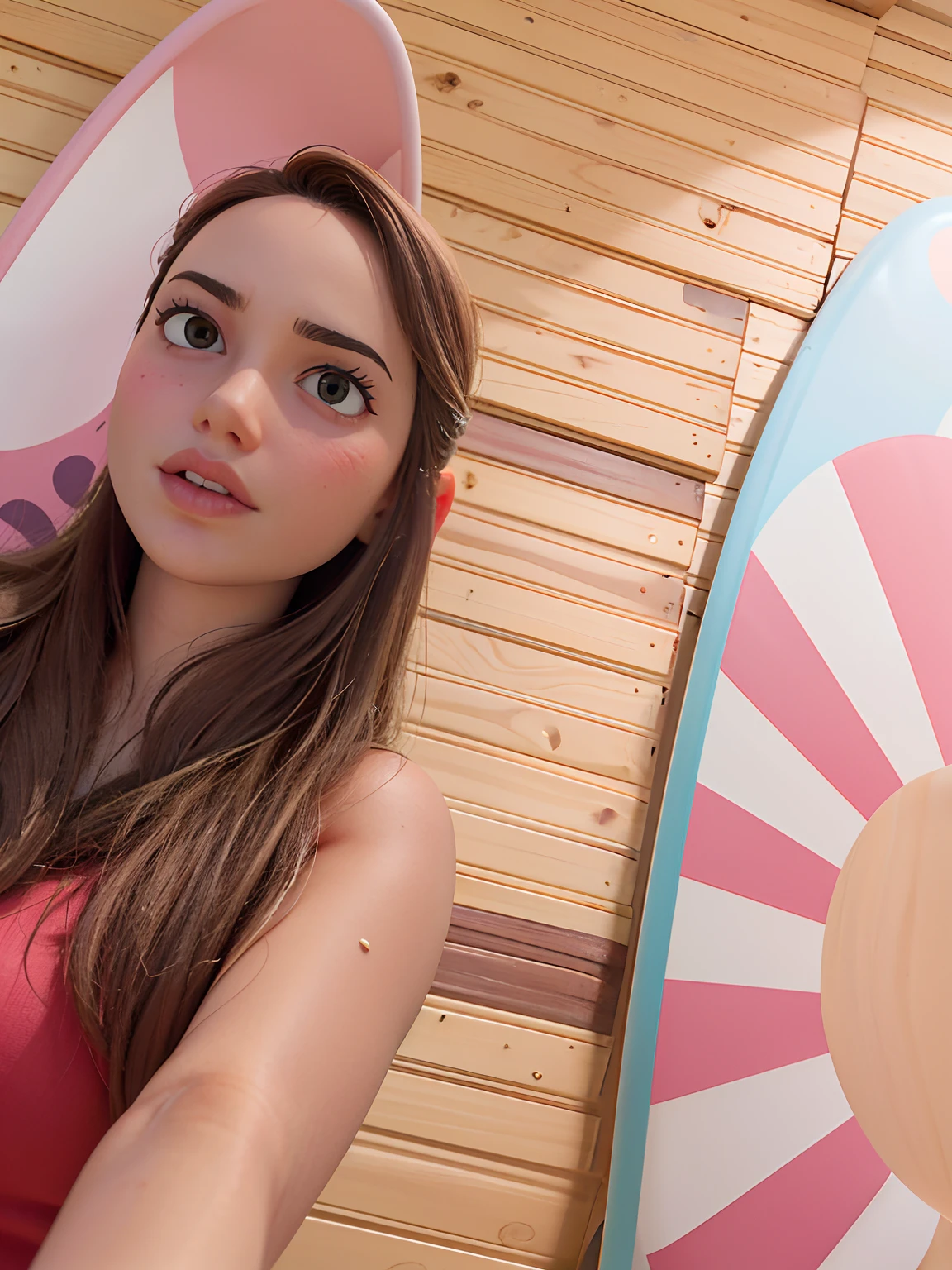 Mulher em um top vermelho ao lado de uma prancha de surf, by Amelia Peláez, selfie de uma jovem mulher, foto de baixa qualidade, fernanda suarez, Directed by: Olivia Peguero, staring directly at camera, foto do snapchat, Malika Favre, Directed by: Nandor Soldier, by Maria Helena Vieira da Silva