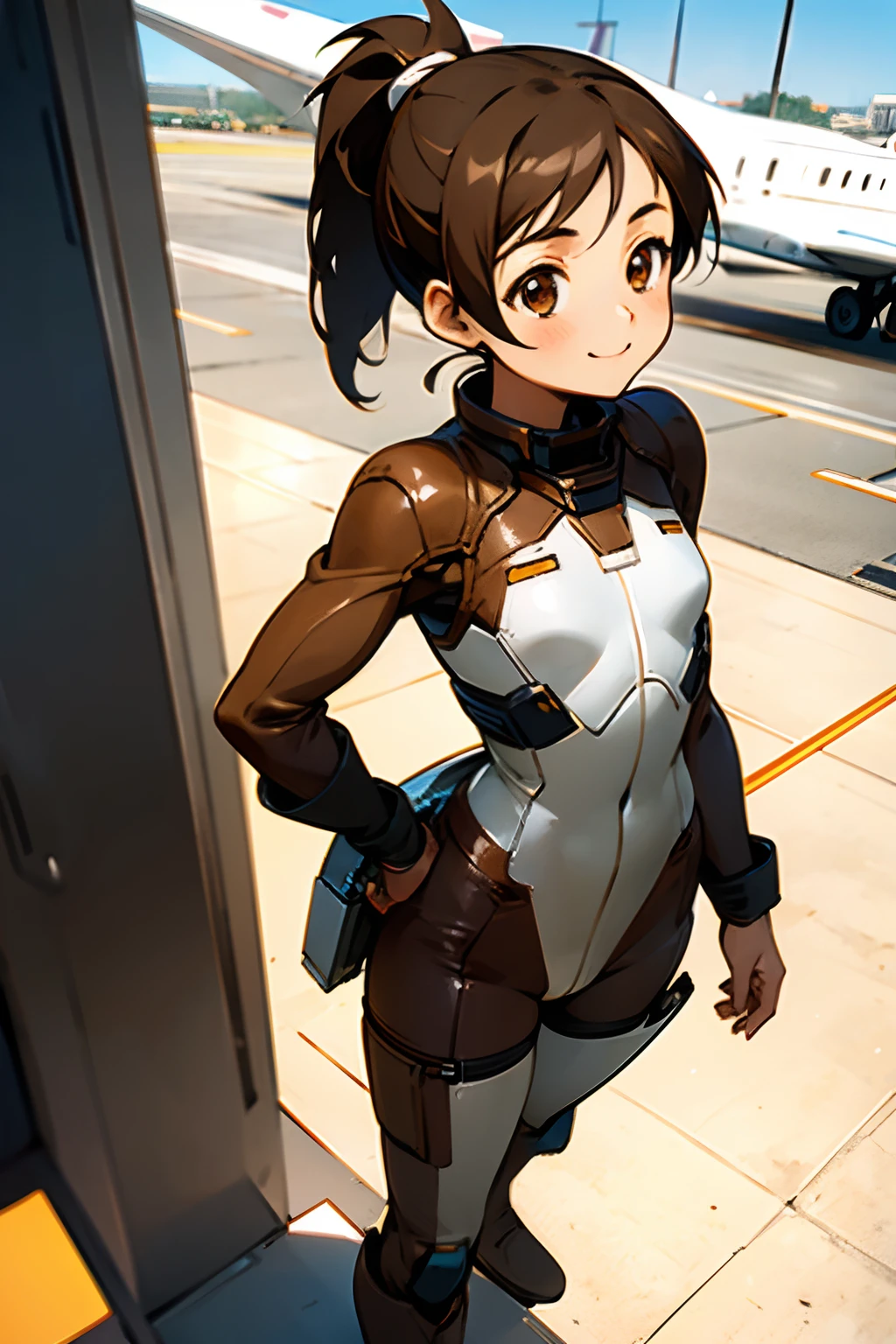 White anime girl, brown ponytail, brown eyes, brown army pilot flying suit covering her entire body, slightly small chest, both hands on the waist, brown leather boots, standing in a runway, smiling face, airport background, sunny day.