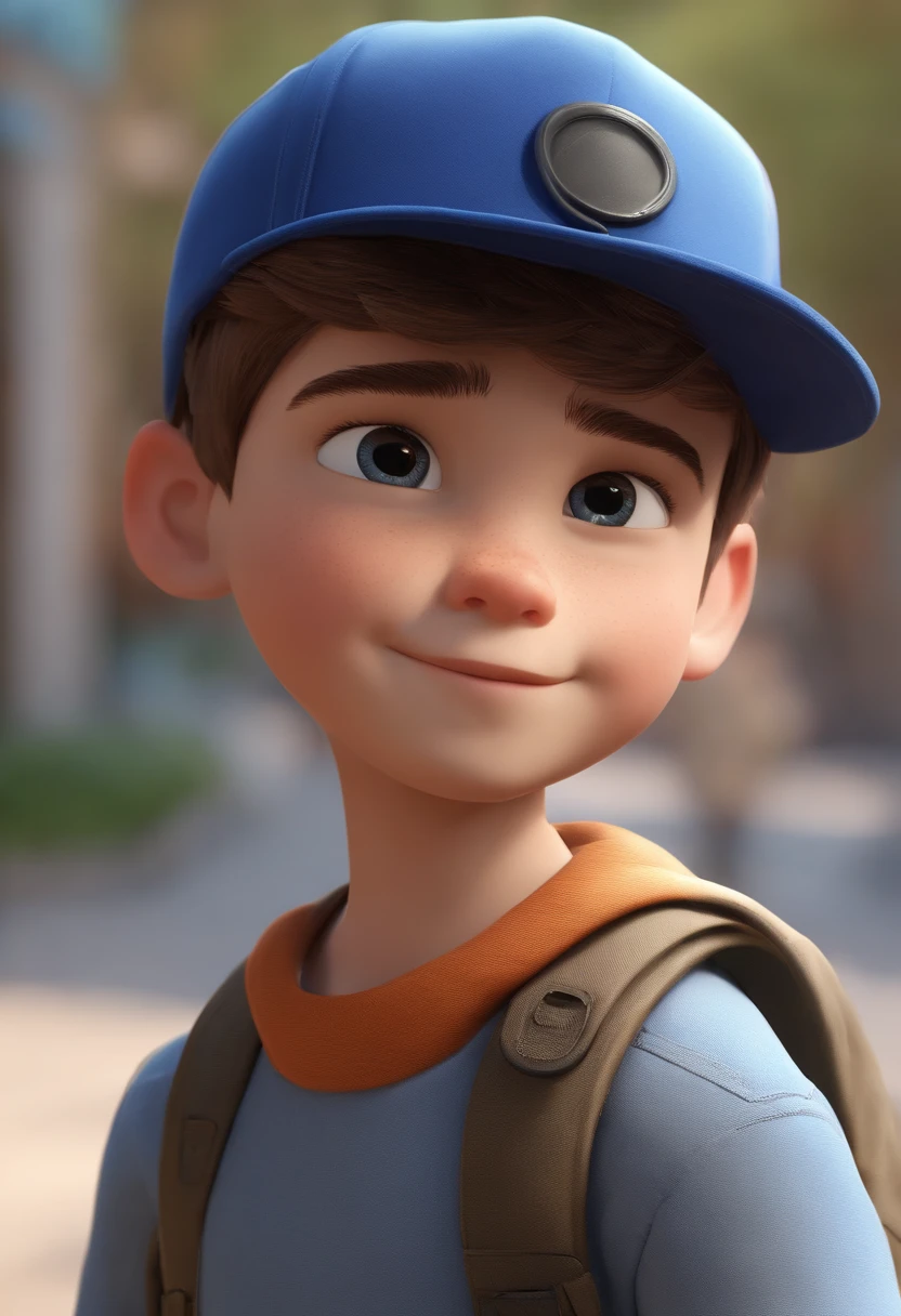 A happy cute boy standing short hair with dark blue cap , vestindo uma camisa azul , , fundo branco, barnet, Tom, Estilo Pixar, ......3d, desenhos animados, rosto detalhado, asymmetrical 16k