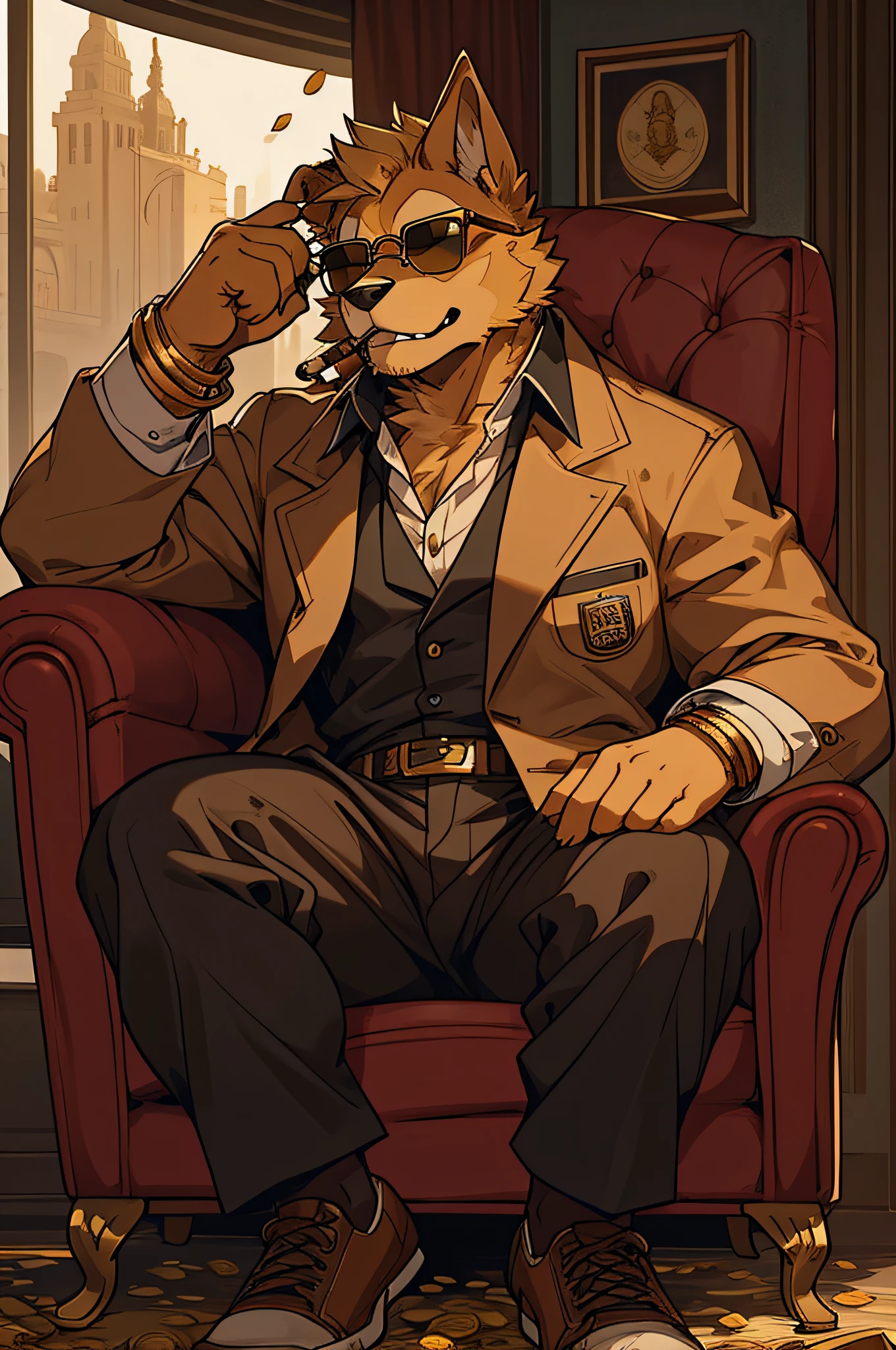 Wear sunglasses、Mafia boss sitting in an armchair with an old Labrador retriever dog holding a cigar、Gold coins falling from the sky、Vintage Sepia Photography