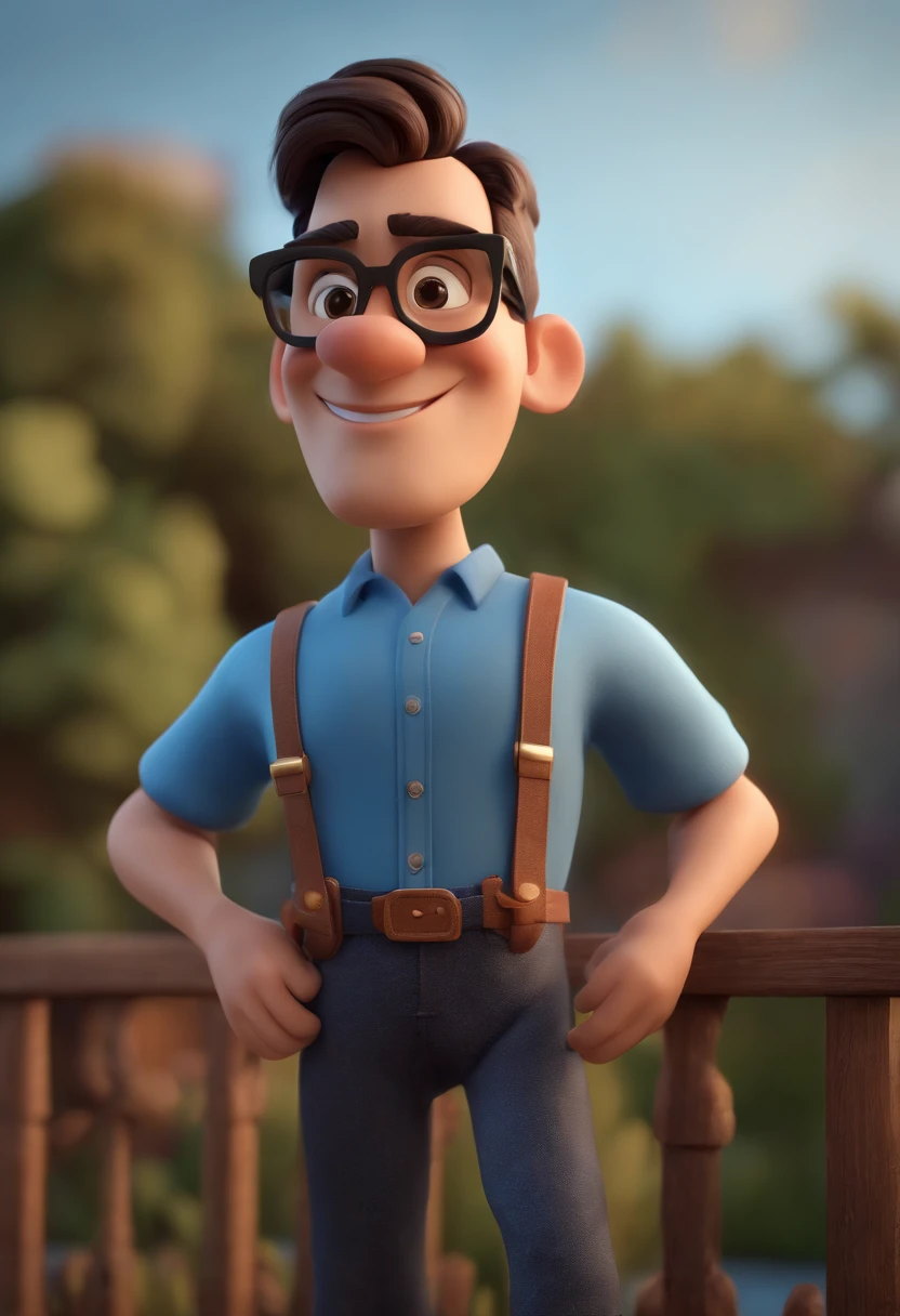 Cartoon character of a man wearing black glasses and a blue shirt, um personagem animado, Caractere estilizado, animation style rendering, 3D estilizado, Arnold Maya render, 3 d render stylized, toon render keyshot, Personagem 3D, Personagem 3D, 3d rendering stylized, 3 d character render, personagem de desenho animado, Personagem de close up, Pose de personagem, (Estilo Pixar) (master part:1.2) (Bokeh) (best quality) (pele detalhada) (textura detalhada) (8k) (argila) (Cinematic lighting) (foco nítido