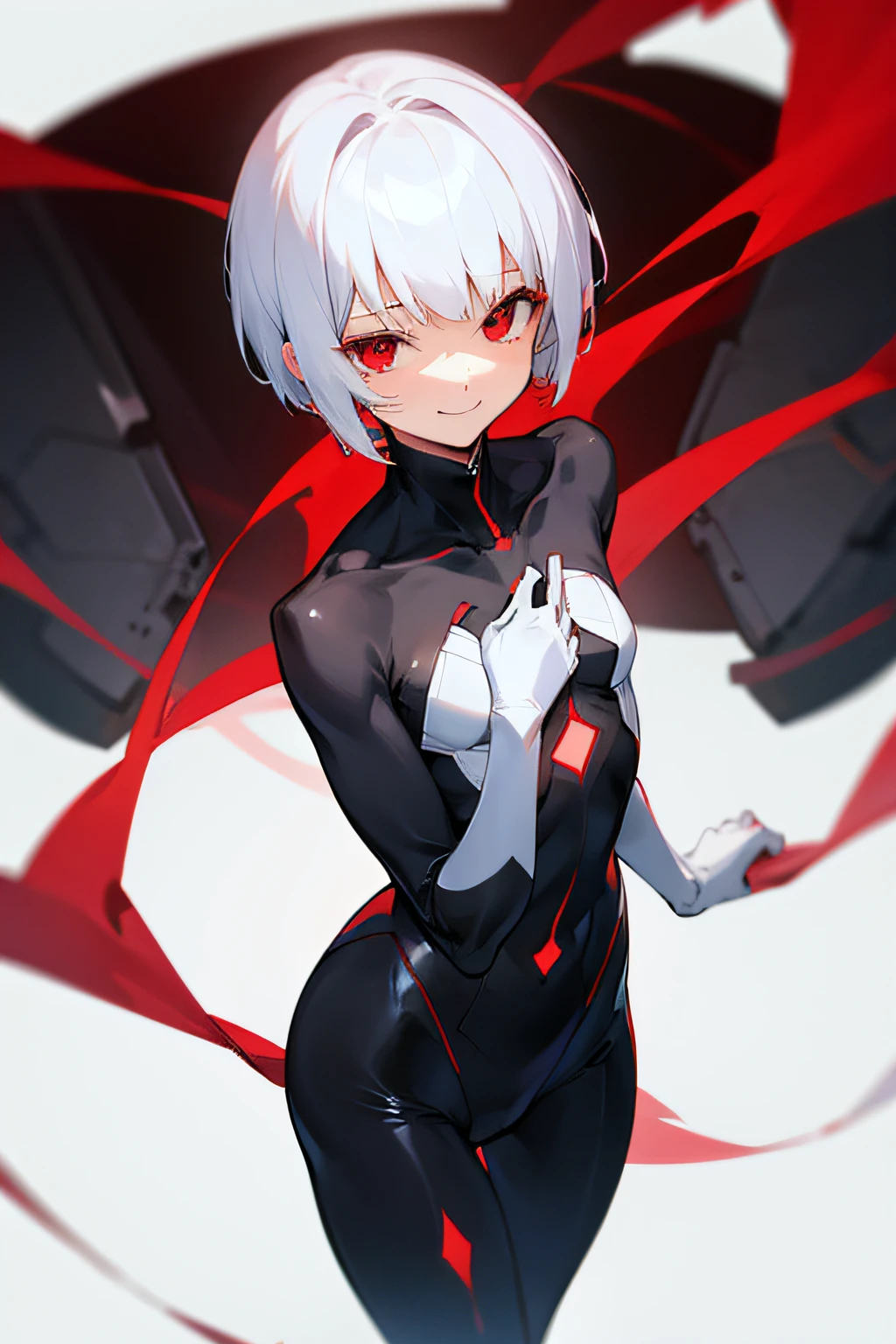 White anime girl, White's short haircut, Red eyes, A black suit covers the whole body, Small chest, A smile on your face