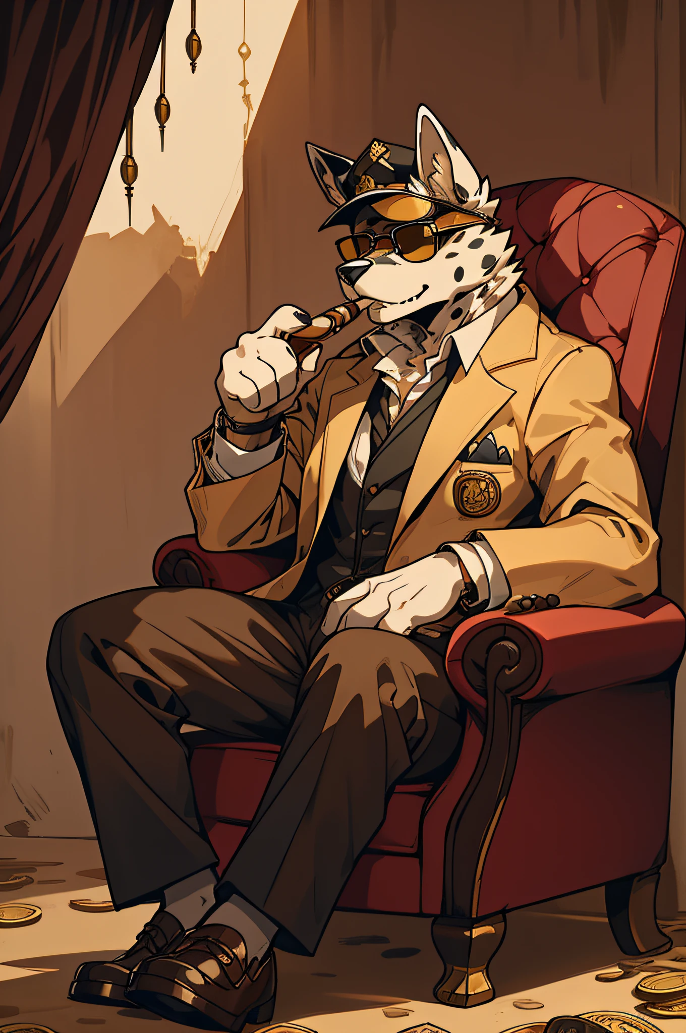 Wear sunglasses、An old Dalmatian dog with a cigar and a mafia boss sitting in an armchair、Gold coins falling from the sky、Vintage Sepia Photography