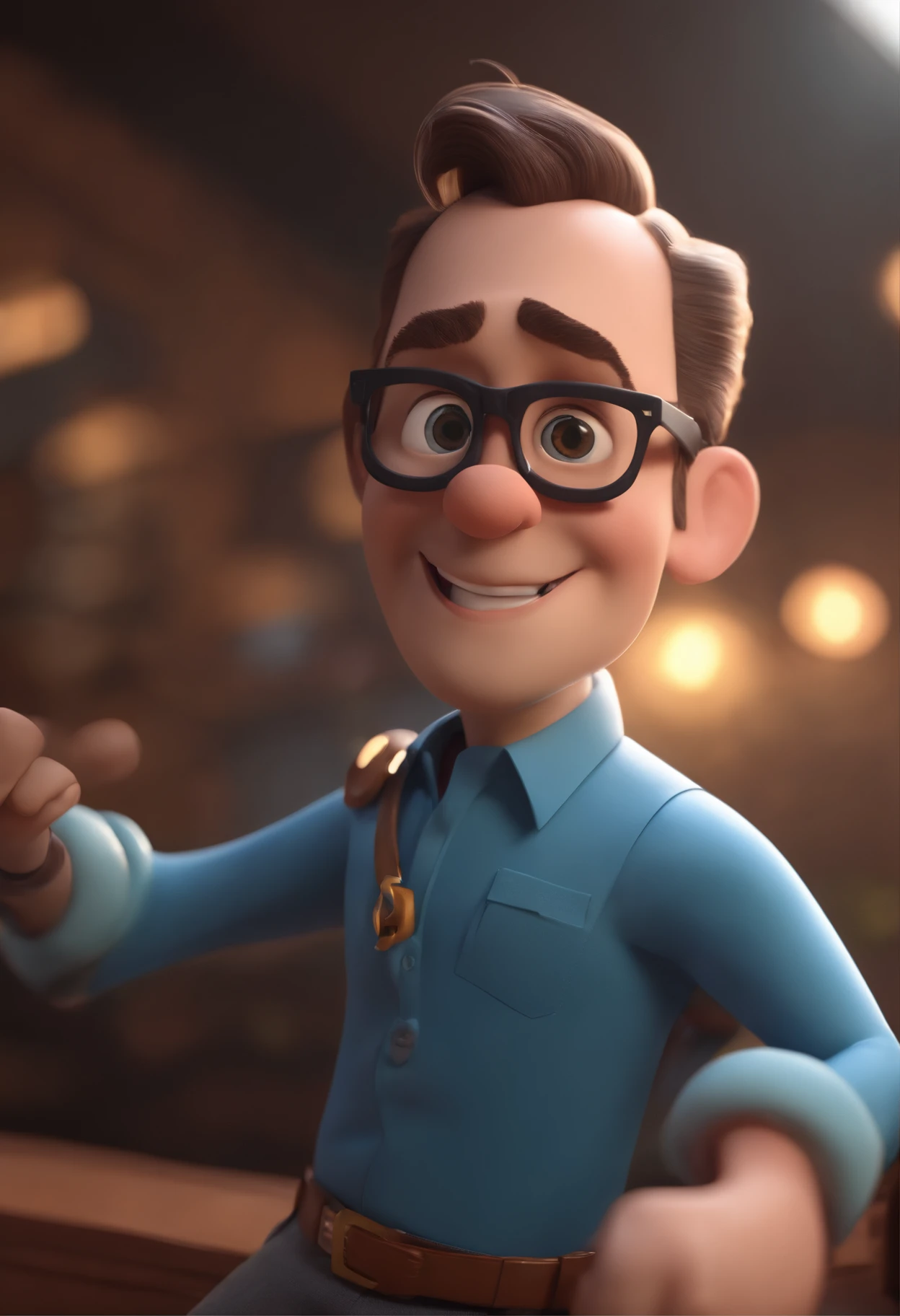 Cartoon character of a man wearing black glasses and a blue shirt, um personagem animado, Caractere estilizado, animation style rendering, 3D estilizado, Arnold Maya render, 3 d render stylized, toon render keyshot, Personagem 3D, Personagem 3D, 3d rendering stylized, 3 d character render, personagem de desenho animado, Personagem de close up, Pose de personagem, (Estilo Pixar) (master part:1.2) (Bokeh) (best quality) (pele detalhada) (textura detalhada) (8k) (argila) (Cinematic lighting) (foco nítido