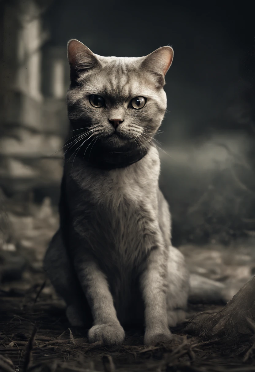 little blondie girl, Scottish fold cat),(Horror),(Nightmare),(bestquality,4k,8k,highres,masterpiece:1.2),(ultra-detailed),(realistic,photorealistic,photo-realistic:1.37),portraits,landscape,gothicstyle,darkcolors,dimlighting