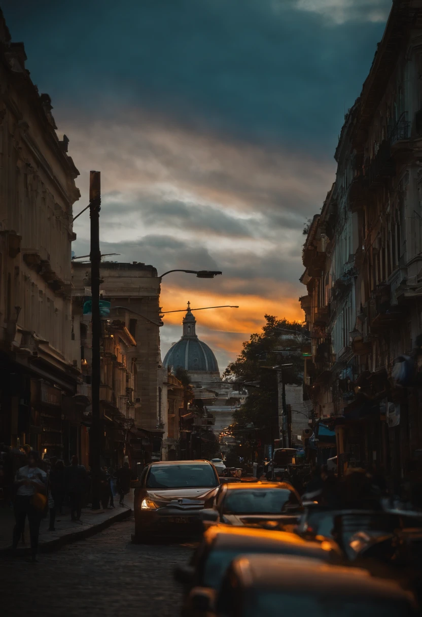 Paisagem de uma cidade ao por do sol