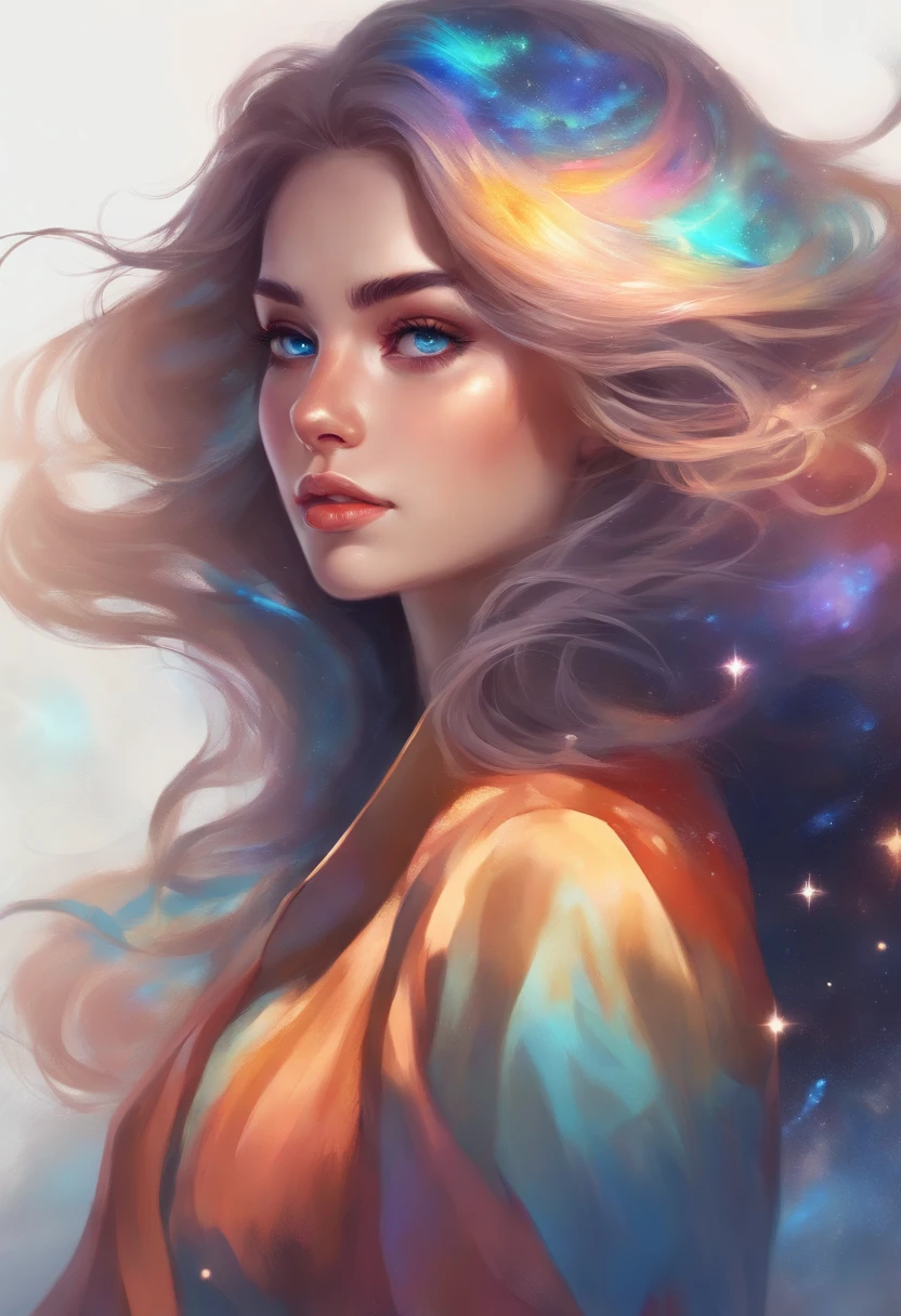 Close-up de uma mulher com cabelo colorido e colar, Anime Girl with Cosmic Hair, The gentle vibe of Rossdraw, Arte em estilo gouviz, estilo de arte de fantasia, colorido], estilo de fantasia vibrante, Ross cartoon cheio de energia, cosmic and colorful, Guweiz, Arte de fantasia digital colorida, estilo de arte impressionante, Estilo anime bonito, pele branca, casaco noturno,