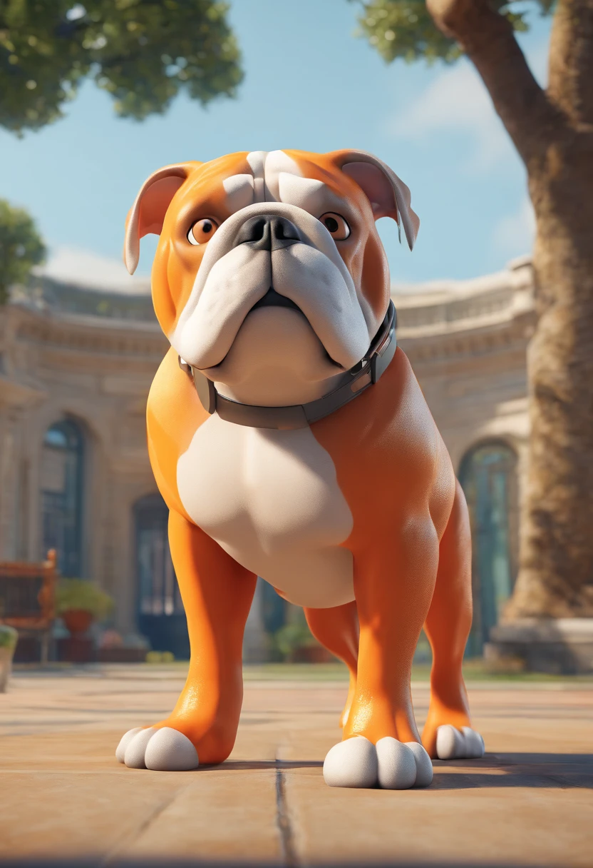 Estilo Pixar: Strong English bulldog with orange and white color, imponente no parque em um belo dia