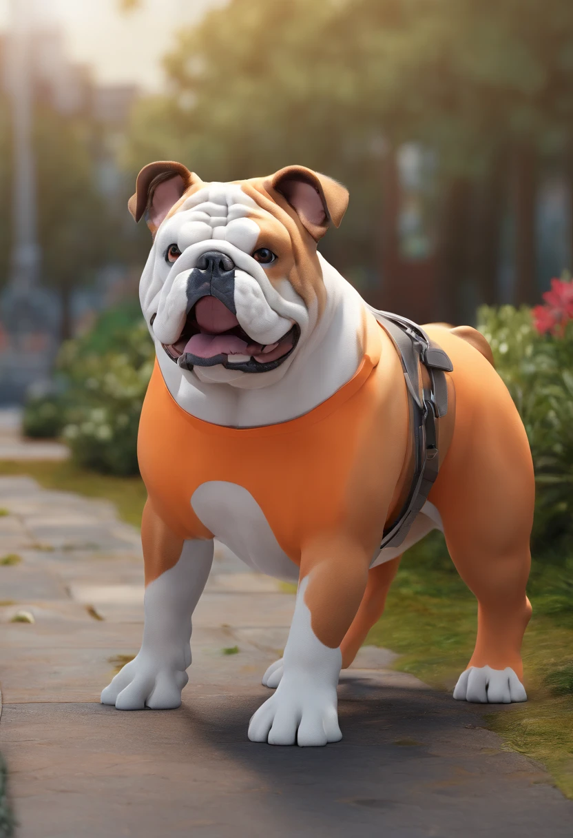 Estilo Pixar: Strong English bulldog with orange and white color, imponente no parque em um belo dia