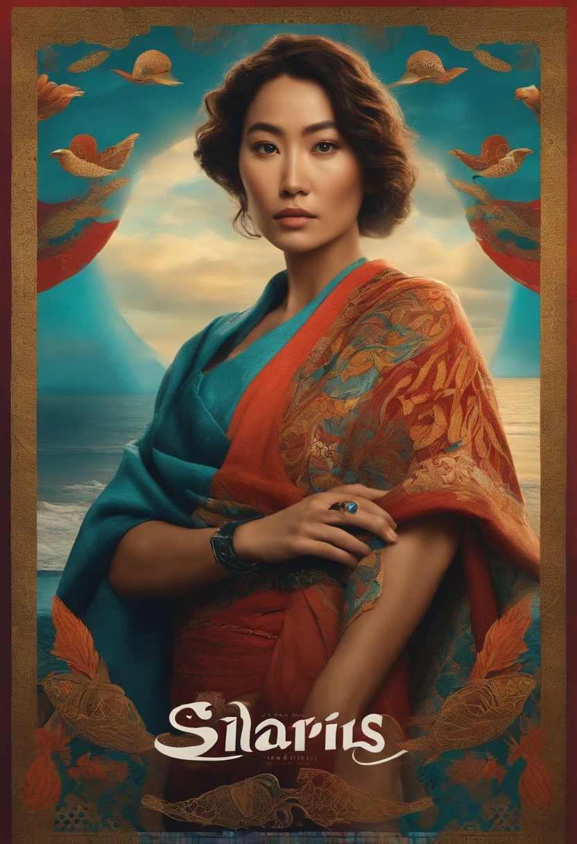 filme Marketing 2023 estilo filmes Pixar, Com nome "N - Marketing", poster, Japanese woman with wavy shawls with ponras roa with crossed arms and tattoo with marine elements on the right side