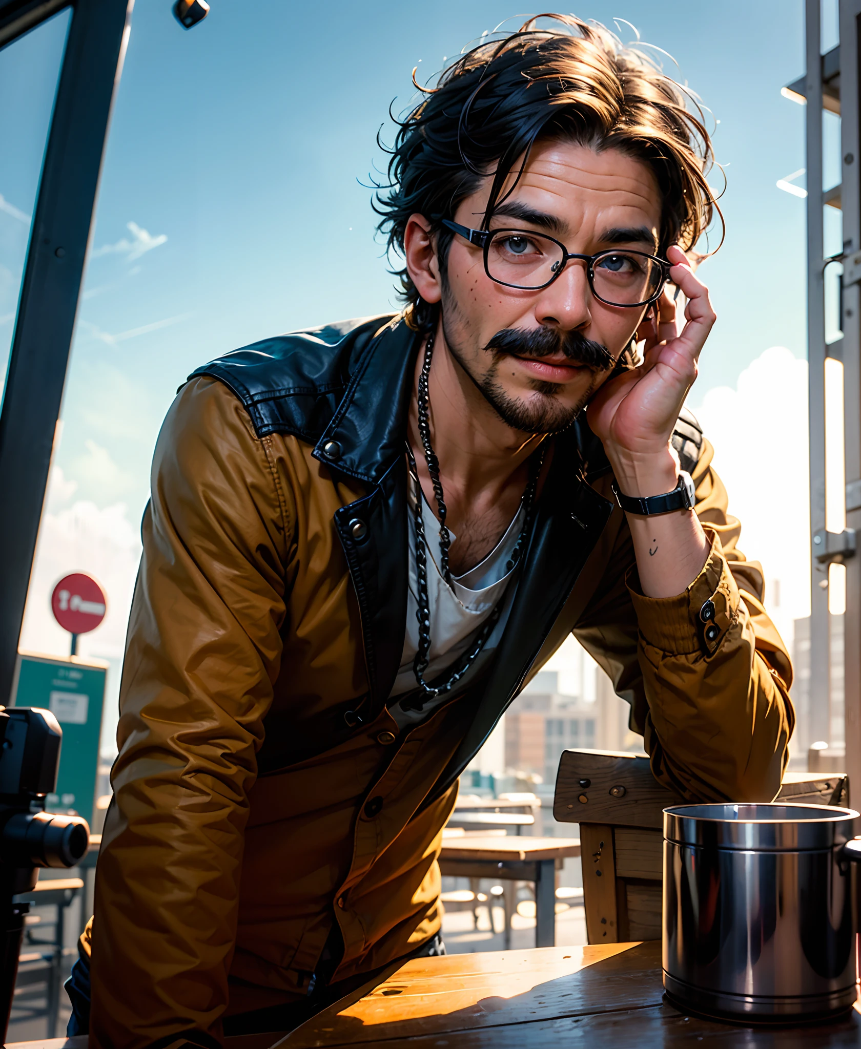 There's a man with glasses
Posing for a photo, Foto de perfil do headshot, foto do perfil, with glasses and goatee and moustache