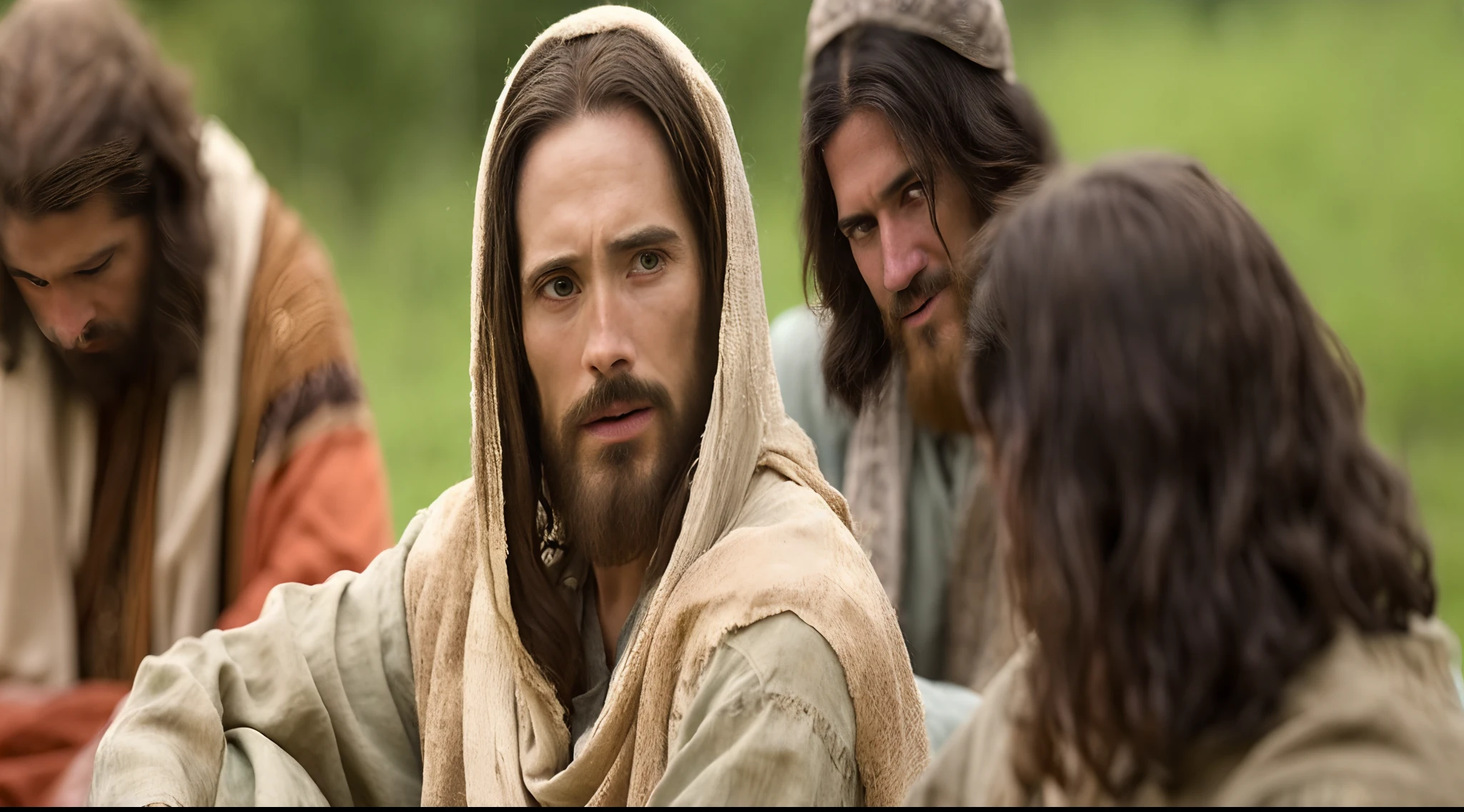 Modern Portrait of Jesus Speaks to the Disciples, cinematic lighthing, profundidade de campo, Bokeh, Realismo, fotorrealista, hiper-realismo, fotografia profissional, UHD, DSLR, HDR