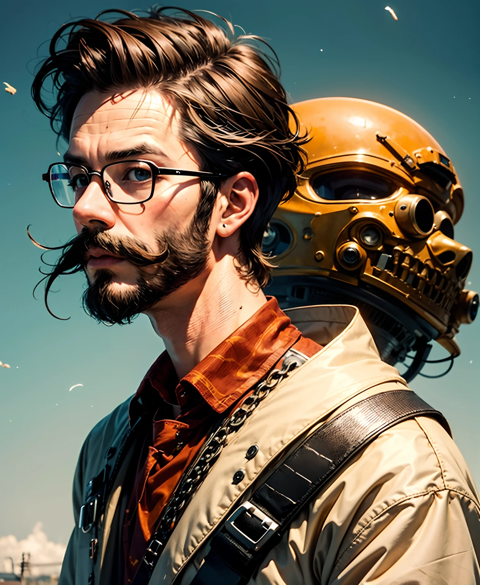 There's a man with glasses
Posing for a photo, Foto de perfil do headshot, foto do perfil, with glasses and goatee and moustache