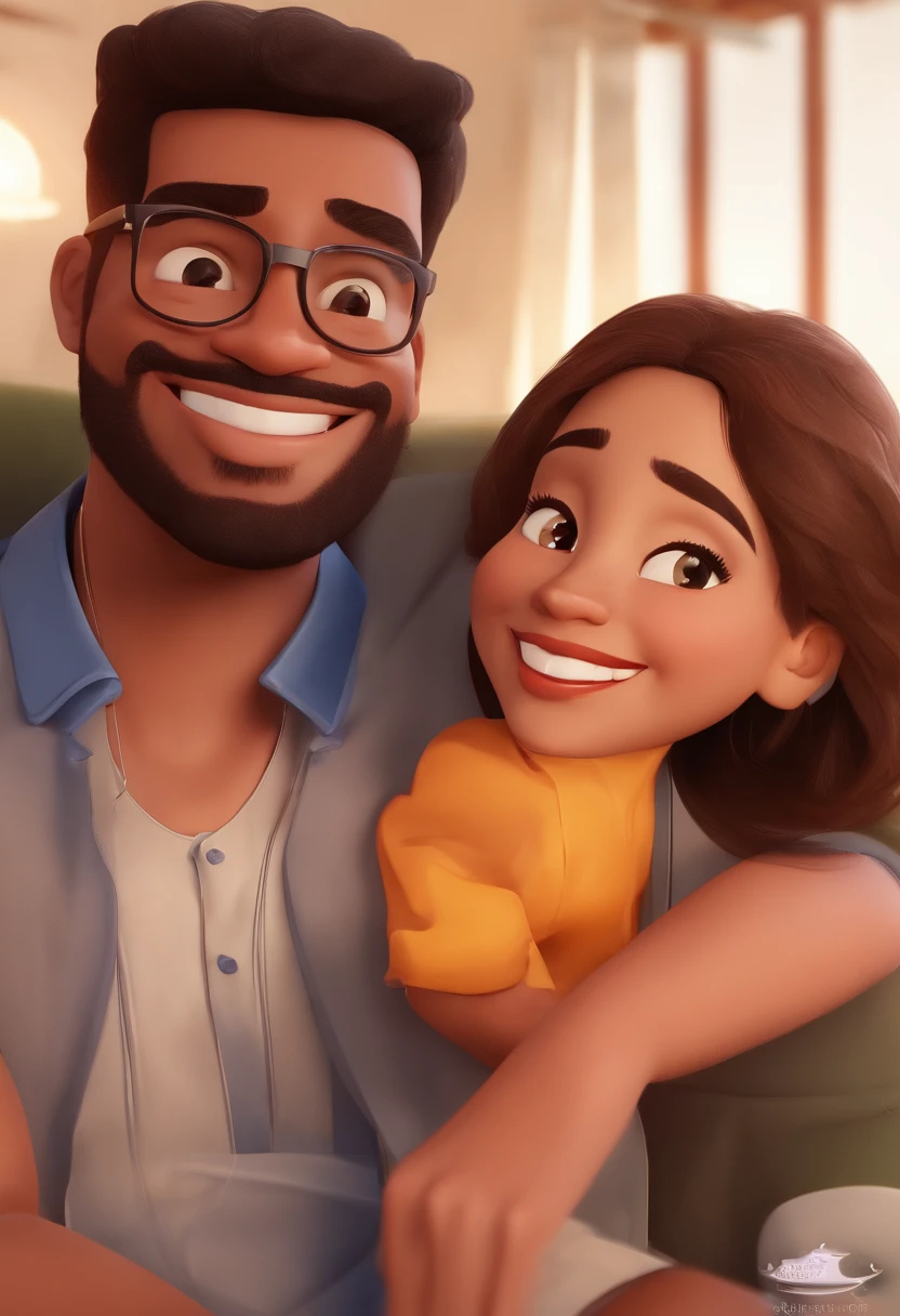 An illustration of an adorable couple, Highlight for a chubby mulatto man with glasses smiling and a brunette woman with beautiful expressive eyes - the man's skin is mulatto and the man's hair haswhile the woman's skin is black and the woman's hair is straight and brown. They are a bright room, cada um com um sorriso no rosto, e compartilhar um momento especial caracterizado pelo amor, Insights. Illustrate this scene from a perspective where they are facing the camera, Smiling and Showing Your Connection. Desenvolva esta arte em Full HD, Focus on your cinematic touch, Estilo Disney Pixar Animations
