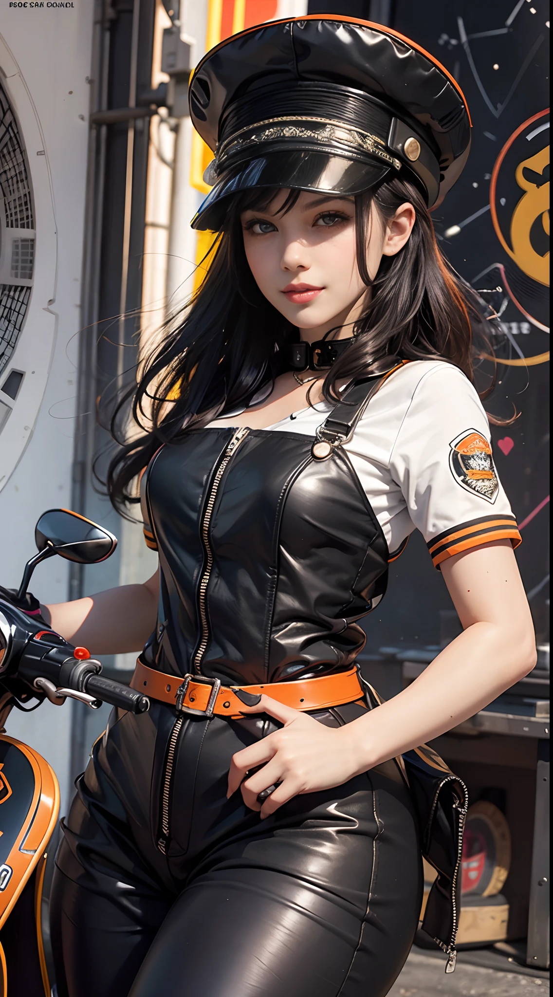 Top quality, realistic, award-winning illustrations, (intricate details: 1.2), (fine details), (intricate details), (cinematic lights, highest quality), sharp lines, sharp focus, official art, 16k, smiling woman, Brazilian, wearing hat, orange and black hat, posing for photos, (( Motorcycle Vespa model 1970)), white background, playful young boss, woman with amazing body, wearing a black and orange apron uniform, with medium black hair, a roll of fabric, next to a black hornet motorcycle, accentuated feminine features flirting with the camera