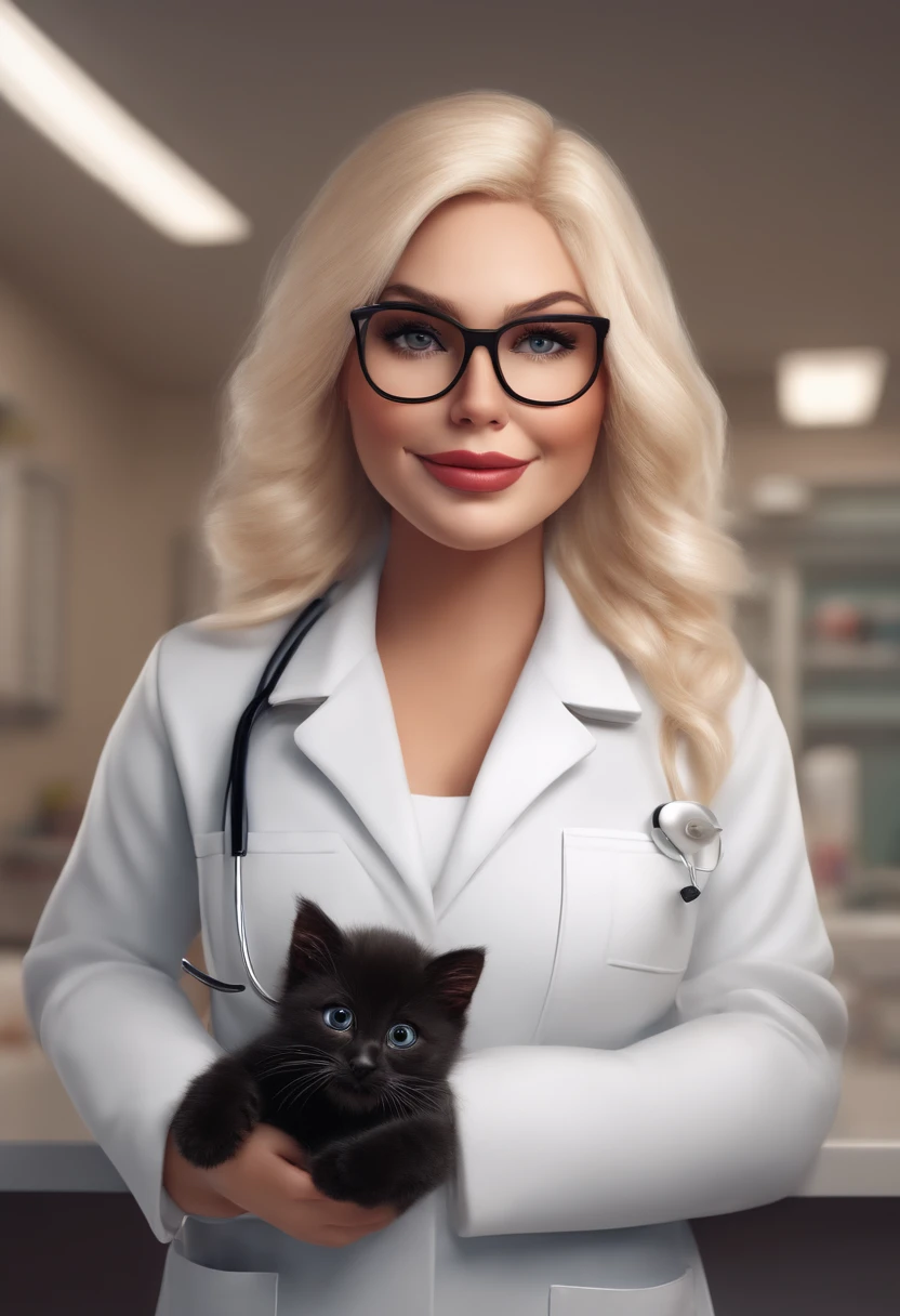 Make a chubby woman, black kitten style glasses with straight blond hair and white strands spread Pixar style with white lab coat holding sucker in hands in a dental clinic