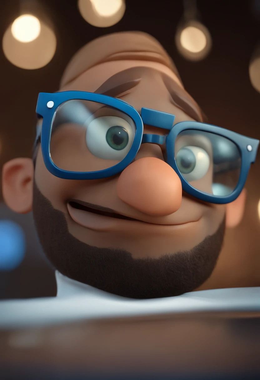 Cartoon character of a man wearing black glasses and a blue shirt, um personagem animado, Caractere estilizado, animation style rendering, 3D estilizado, Arnold Maya render, 3 d render stylized, toon render keyshot, Personagem 3D, Personagem 3D, 3d rendering stylized, 3 d character render, personagem de desenho animado, Personagem de close up, Pose de personagem, (Estilo Pixar) (master part:1.2) (Bokeh) (best quality) (pele detalhada) (textura detalhada) (8k) (argila) (Cinematic lighting) (foco nítido