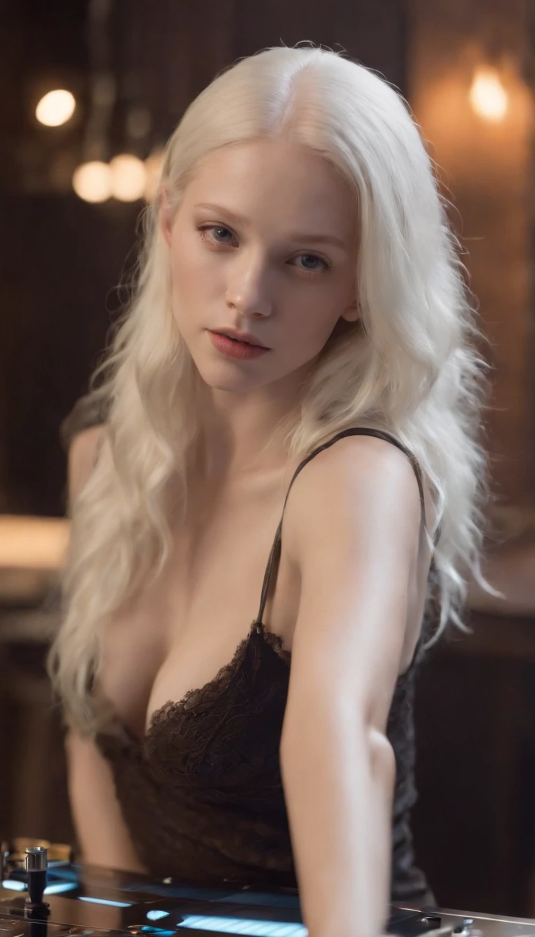 Make a wonderful 20-year-old albino girl in evening wear working as a DJ at night, With a brown K on the arm like 2 stars, one bigger and one smaller. Es atractiva. Tener el pelo largo. She wore a grey knit tank top that covered her belly and breasts and a black lace bra peeking out from underneath