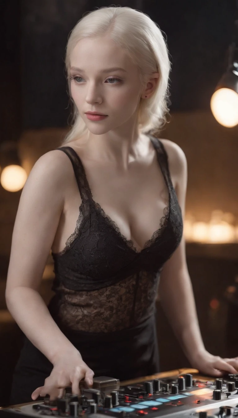 Make a wonderful 20-year-old albino girl in evening wear working as a DJ at night, With a brown K on the arm like 2 stars, one bigger and one smaller. Es atractiva. Tener el pelo largo. She wore a grey knit tank top that covered her belly and breasts and a black lace bra peeking out from underneath