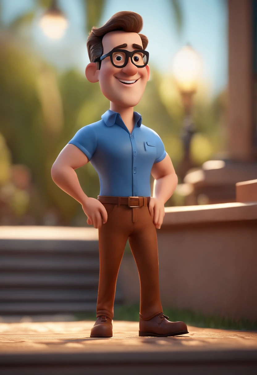 Cartoon character of a man with black glasses and a blue shirt, animation character, Caractere estilizado, animation style rendering, 3D estilizado, Arnold Maya render, 3 d render stylized, toon render keyshot, Personagem 3D, Personagem 3D, 3d rendering stylized, 3 d character render, personagem de desenho animado, Personagem de close up, Pose de personagem, (Estilo Pixar) (master part:1.2) (Bokeh) (best quality) (pele detalhada) (textura detalhada) (8k) (argila) (Cinematic lighting) (foco nítido
