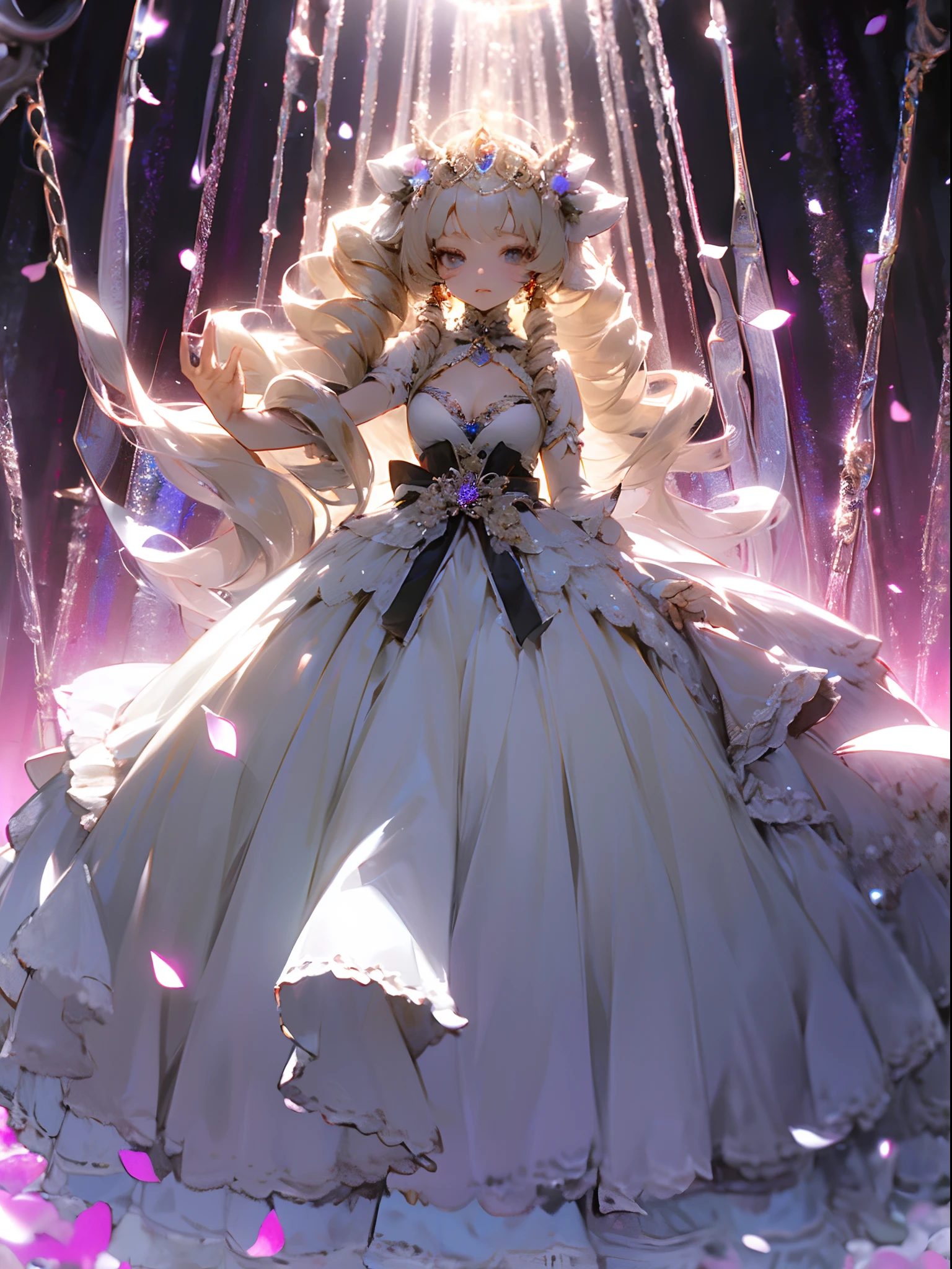 ((Anime Art Style)),(masutepiece),(Best Quality), (Super Detail),((Very delicate and beautiful)),(((Solo))),((Full body portrait)),(((One princess in a gorgeous princess ball gown and a voluminous full-length hoop skirt))),((crinoline)),Long Train,((Stand in the garden)),(Gorgeous Gemstone Jewelry),Detailed face and eyes,Eyes Like Gems,((Large amount of straight hair,Very voluminous hair,Very long drill hair)),((Very delicate flowers)),cleavage,Very gorgeous hair ornament,((Tiara adorned with glitter and very gorgeous jewels)),((Dynamic Angle)),Looking at Viewer,,Flowers,Petals flow,(((Voluminous princess dresses)))